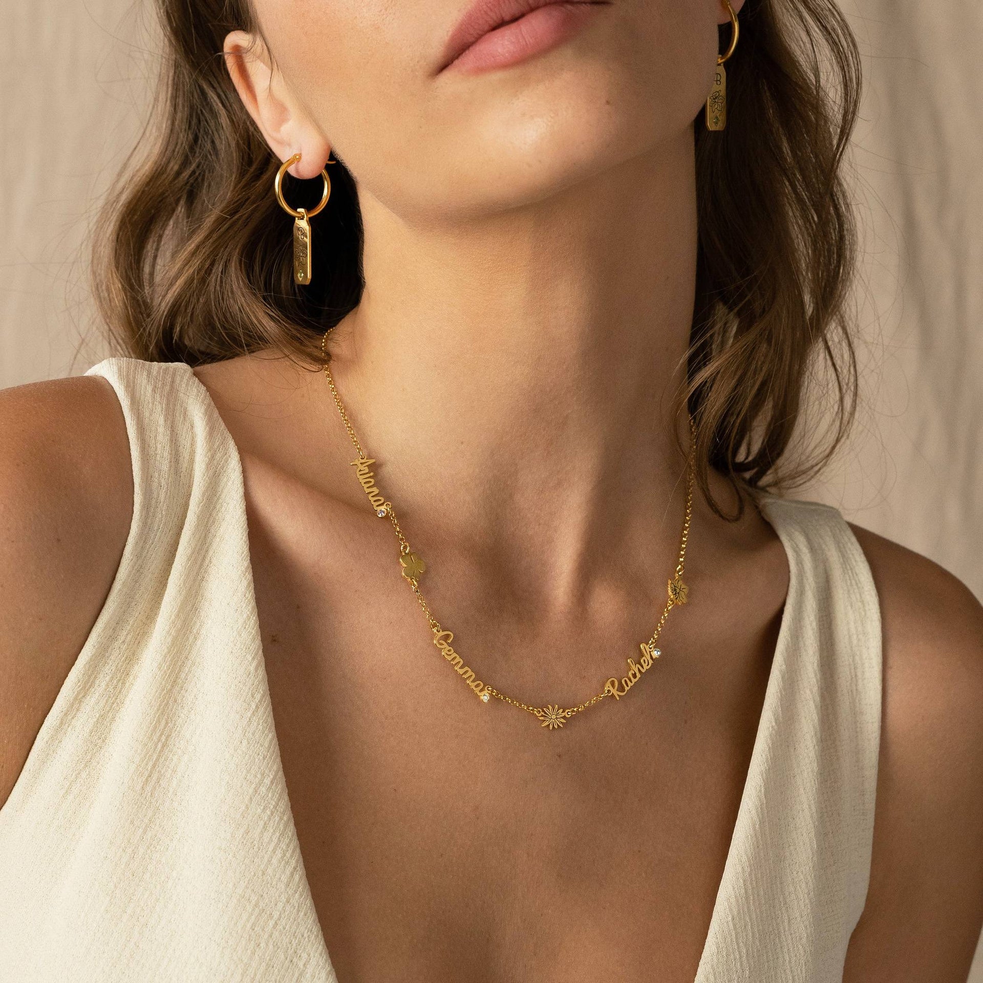 Blooming Birth Flower Multi Name Necklace with Diamond in 18K Gold Plating