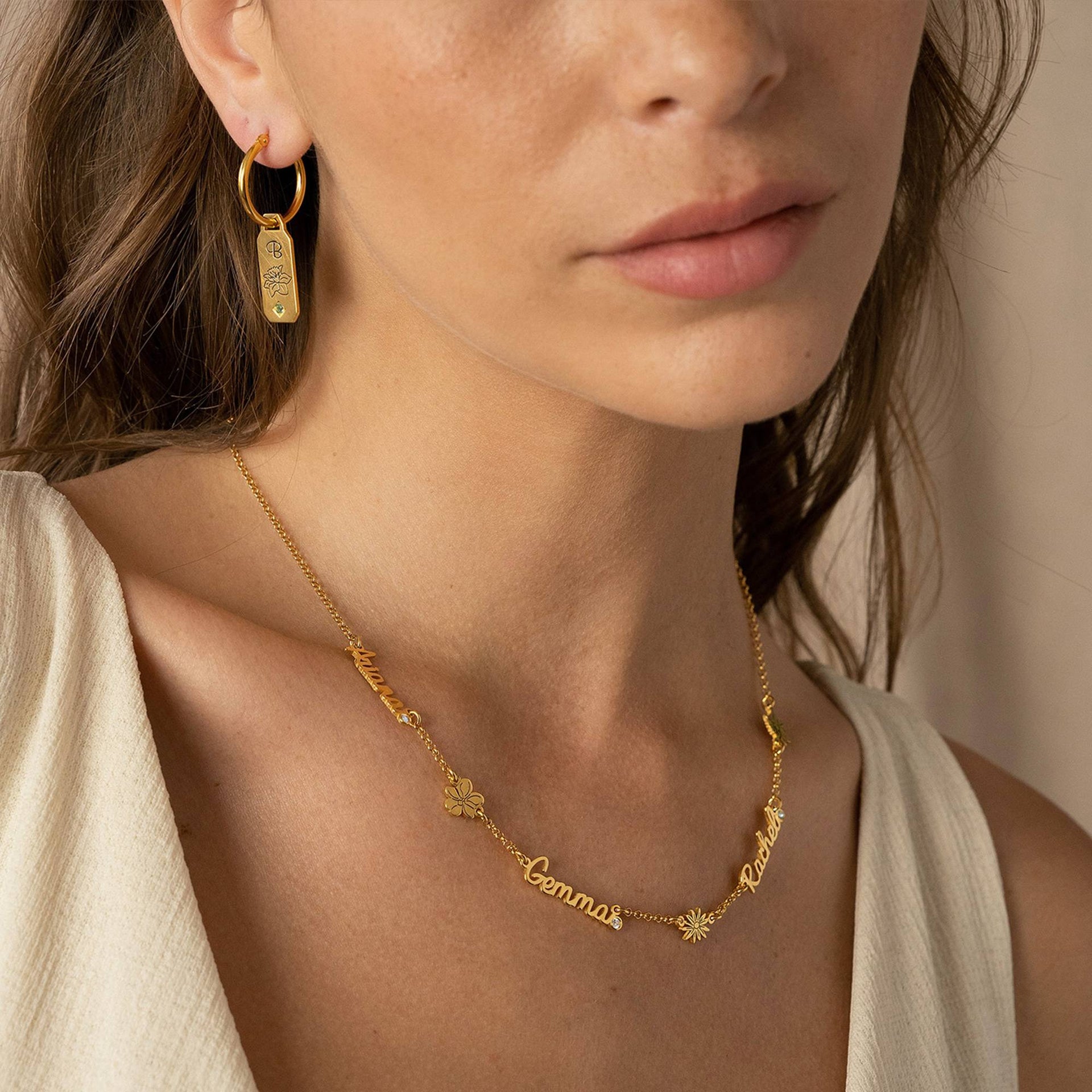 Blooming Birth Flower Multi Name Necklace with Diamond in 18K Gold Vermeil