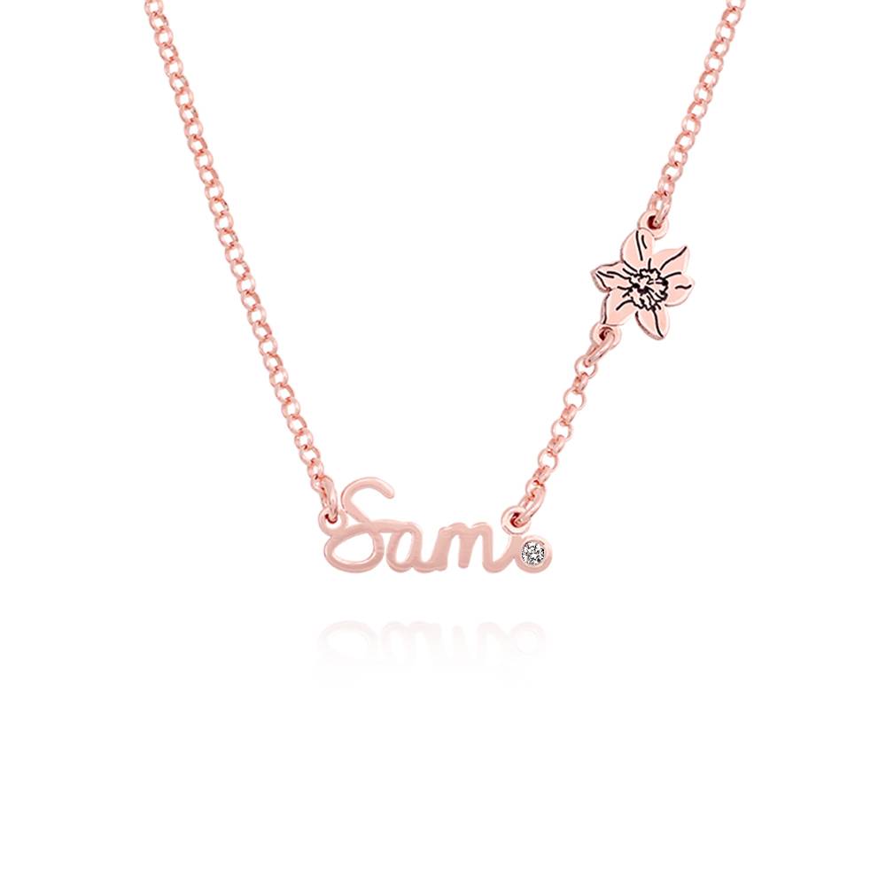 Blooming Birth Flower Multi Name Necklace with Diamond in 18K Rose Gold Plating
