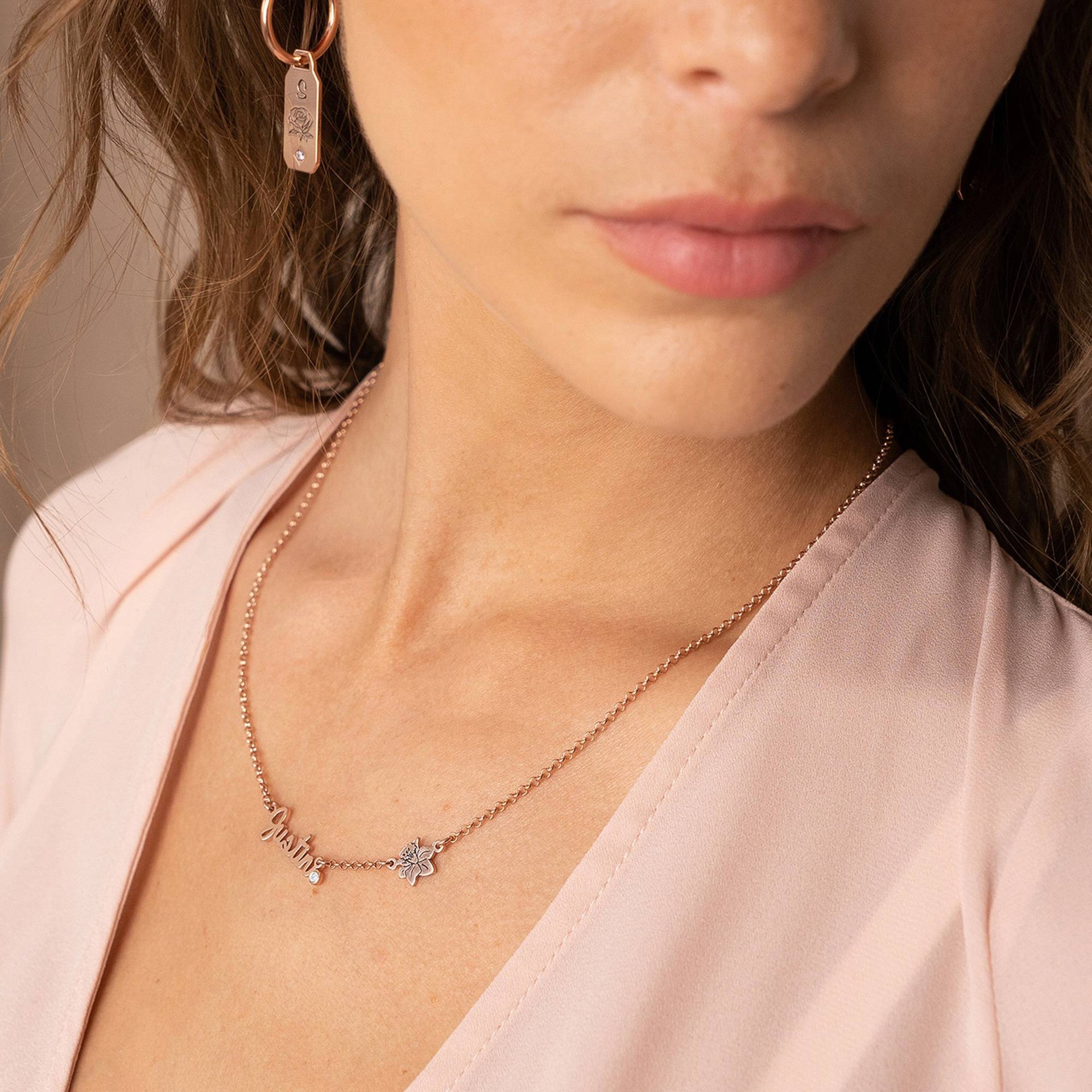 Blooming Birth Flower Multi Name Necklace with Diamond in 18K Rose Gold Plating