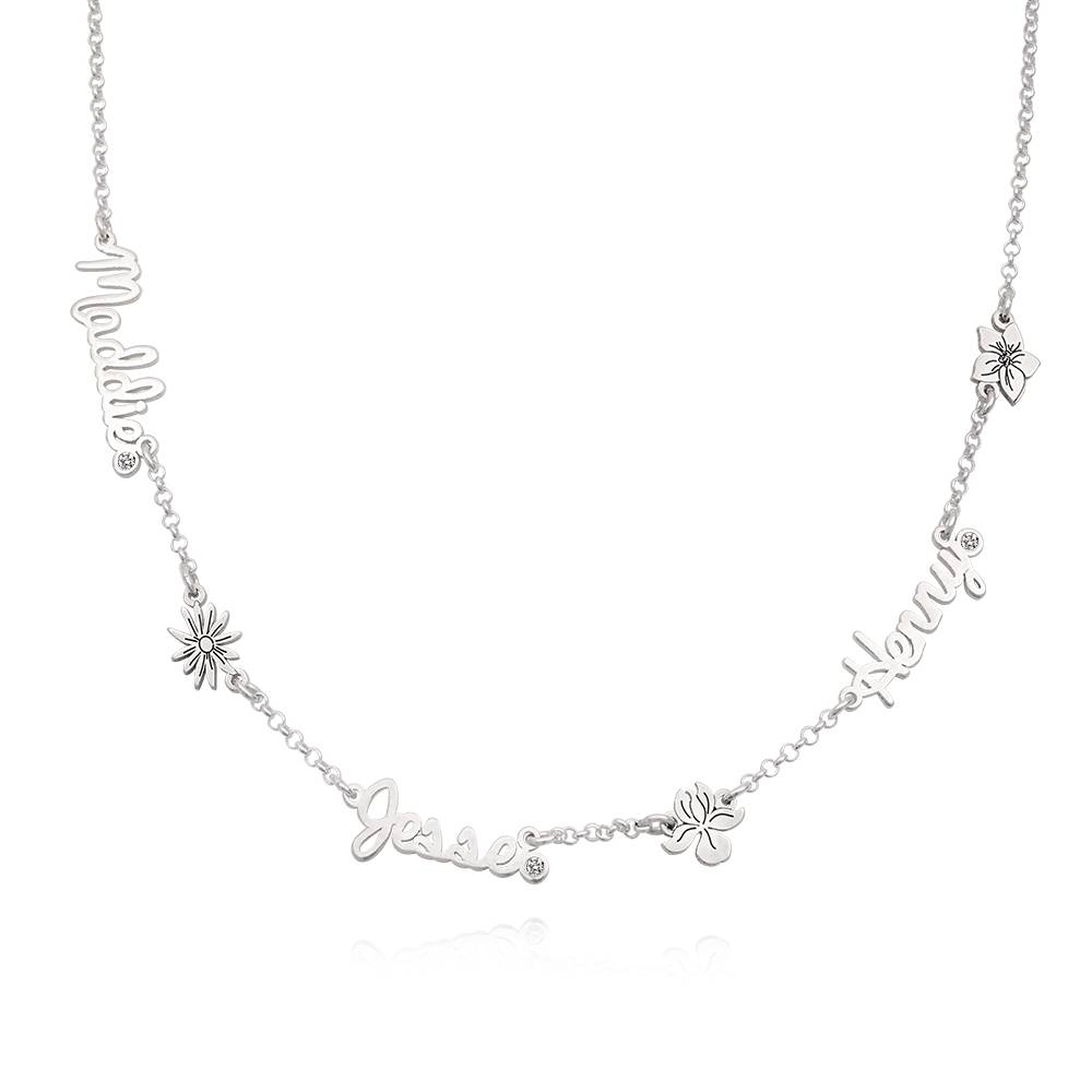 Blooming Birth Flower Multi Name Necklace with Diamond in Sterling Silver