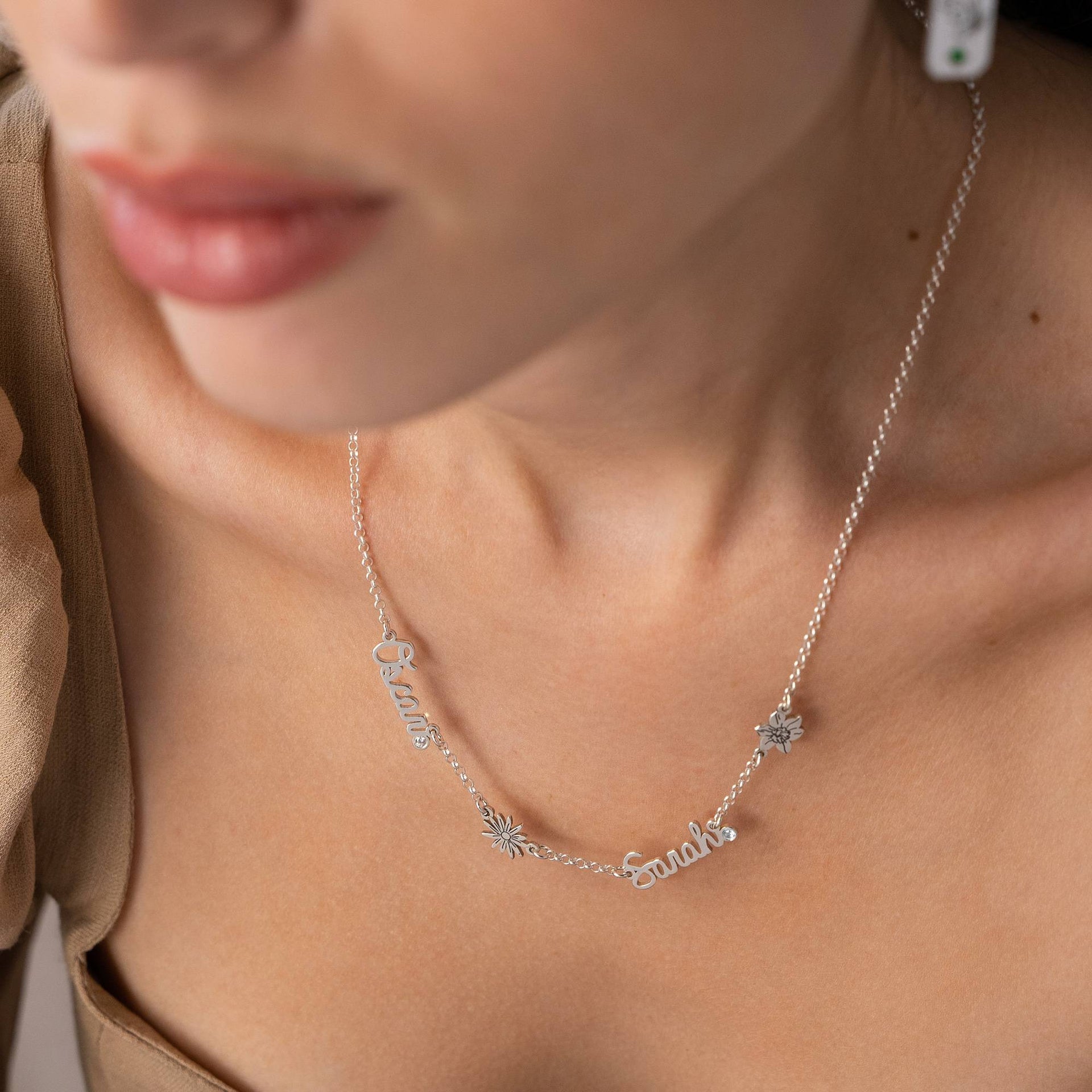 Blooming Birth Flower Multi Name Necklace with Diamond in Sterling Silver