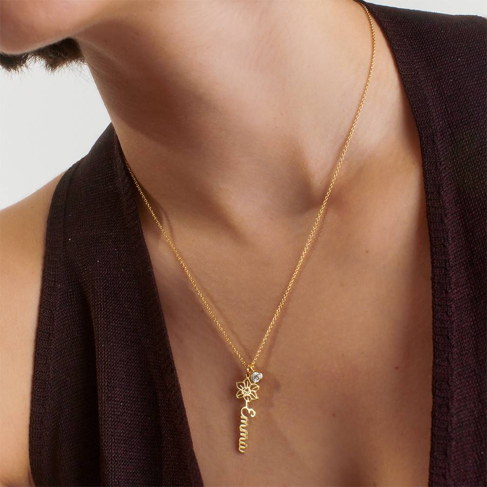 Blooming Birth Flower Name Necklace with 0.05CT Diamond in Gold Plating