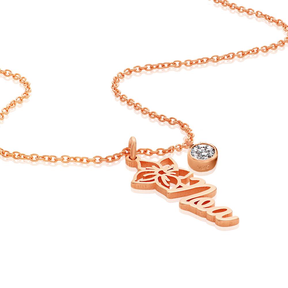 Blooming Birth Flower Name Necklace with 0.25CT Diamond in 18K Rose Gold Plating