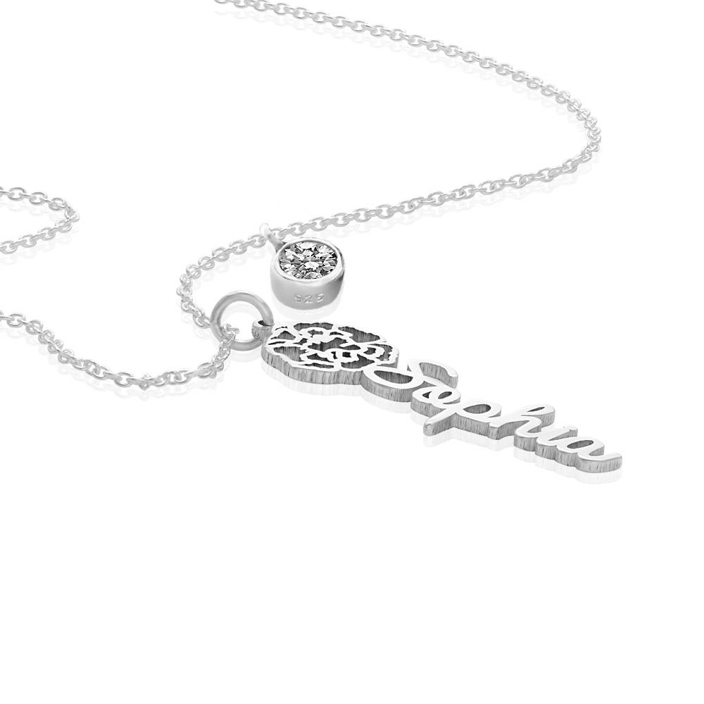 Blooming Birth Flower Name Necklace with 0.25CT Diamond in Silver