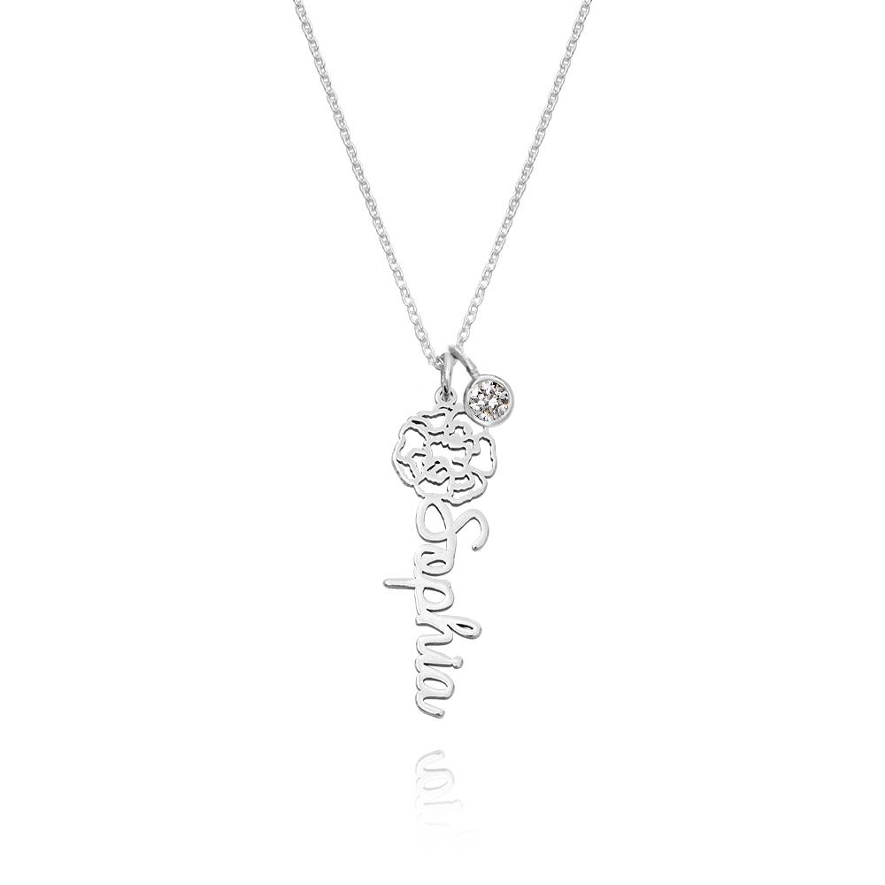 Blooming Birth Flower Name Necklace with 0.25CT Diamond in Silver