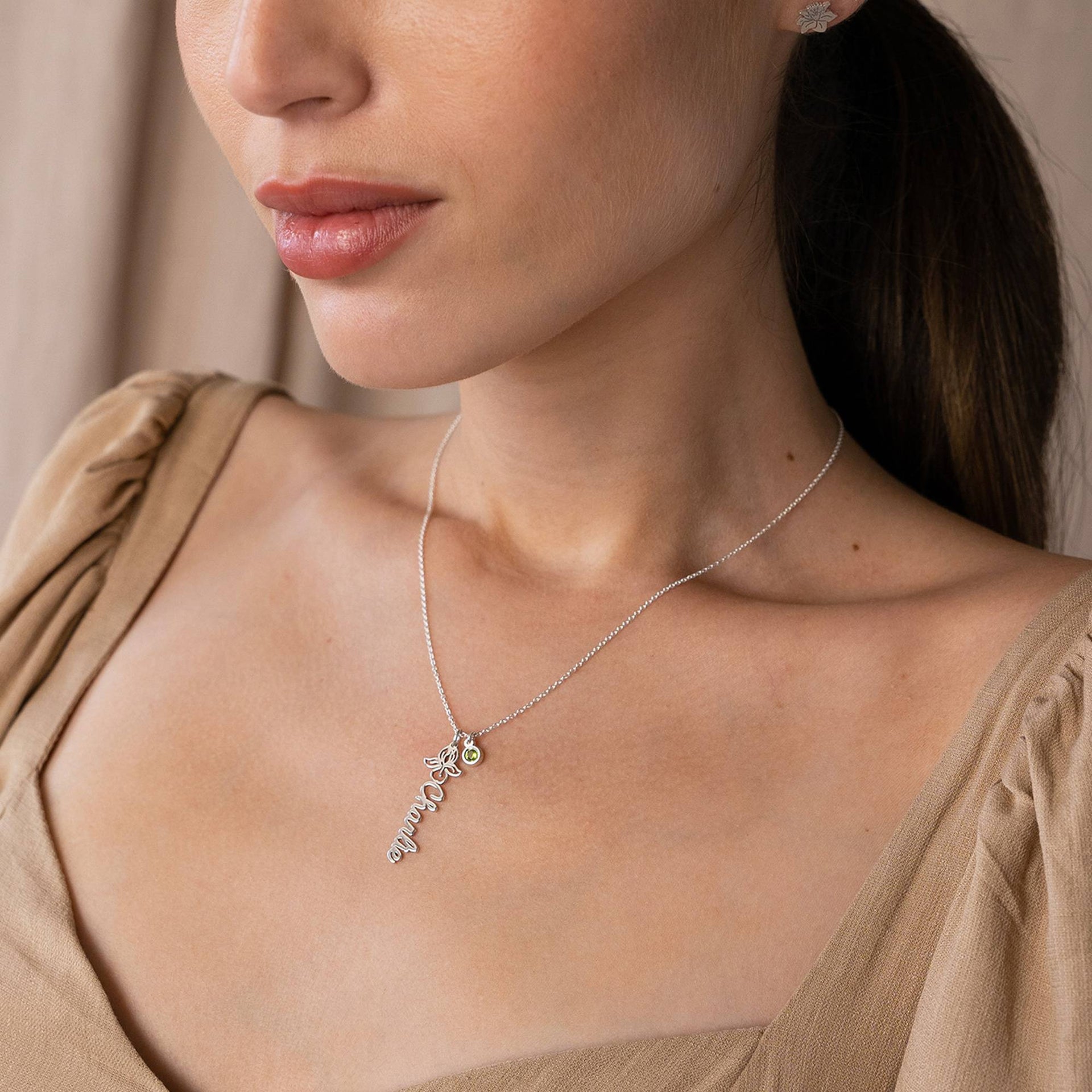 Blooming Birth Flower Name Necklace with Birthstone in Silver