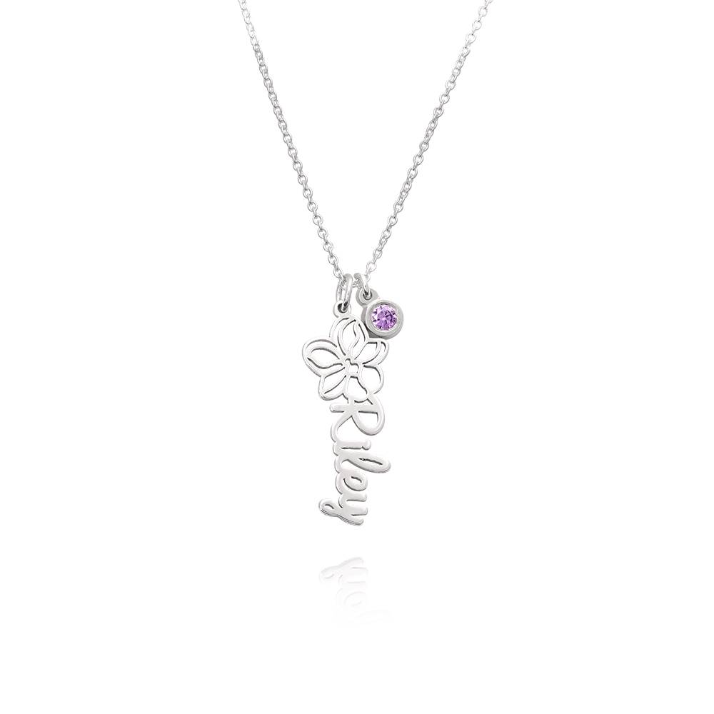 Blooming Birth Flower Name Necklace with Birthstone in Sterling Silver