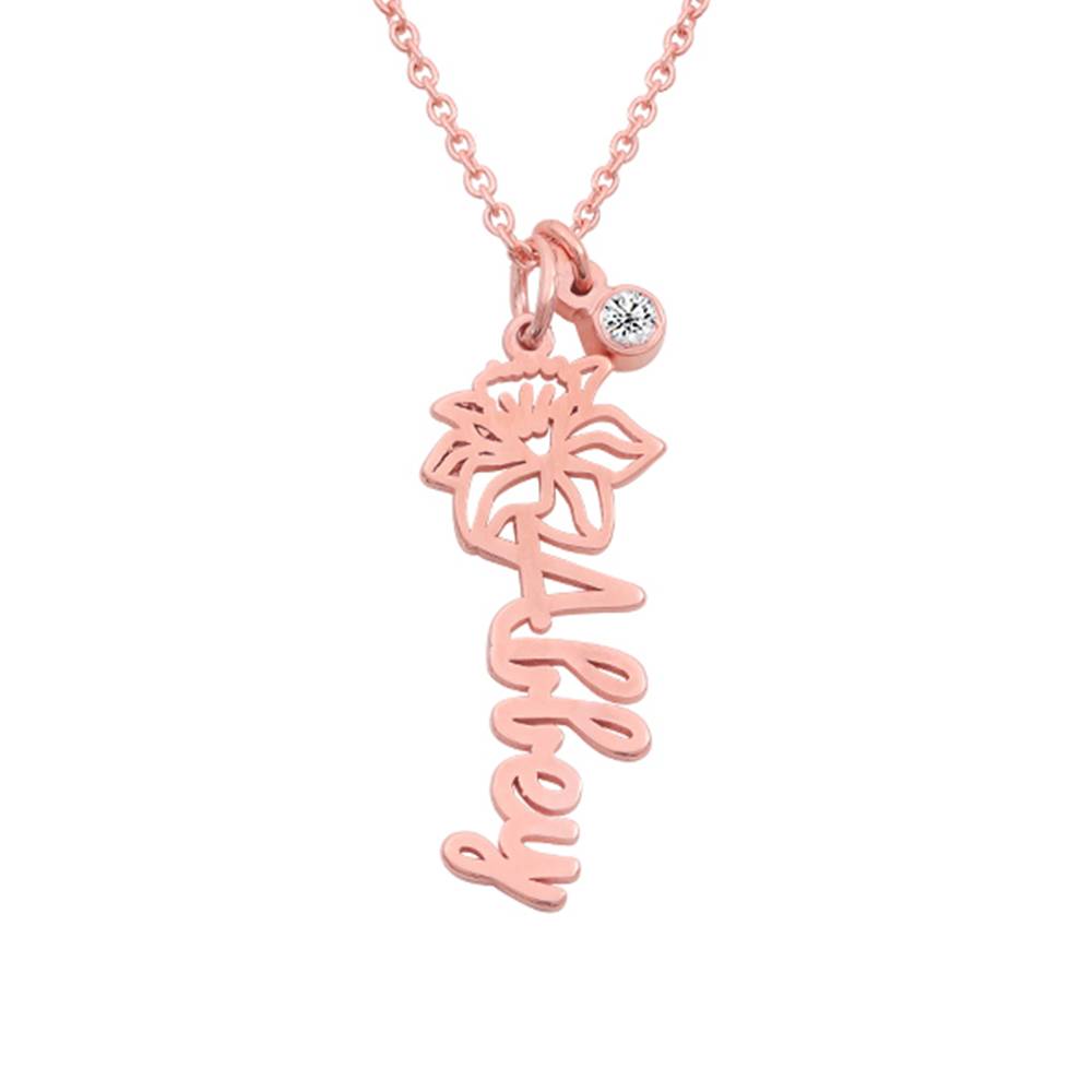 Blooming Birth Flower Name Necklace with Diamond in 18K Rose Gold Plating