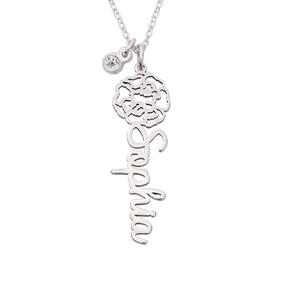 Blooming Birth Flower Name Necklace with 0.05CT Diamond in Silver