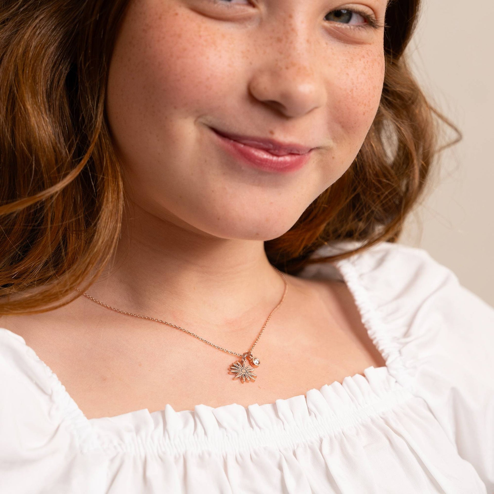 Blooming Initial Birth Flower and Stone Pendant Necklace in 18K Rose Gold Plating