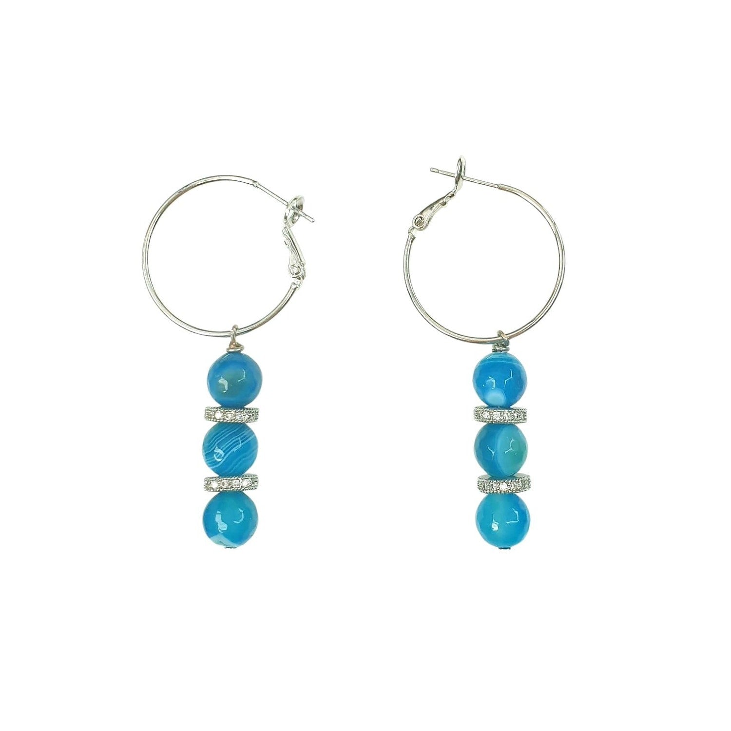 Blue Agate On Silver Hoop Earrings
