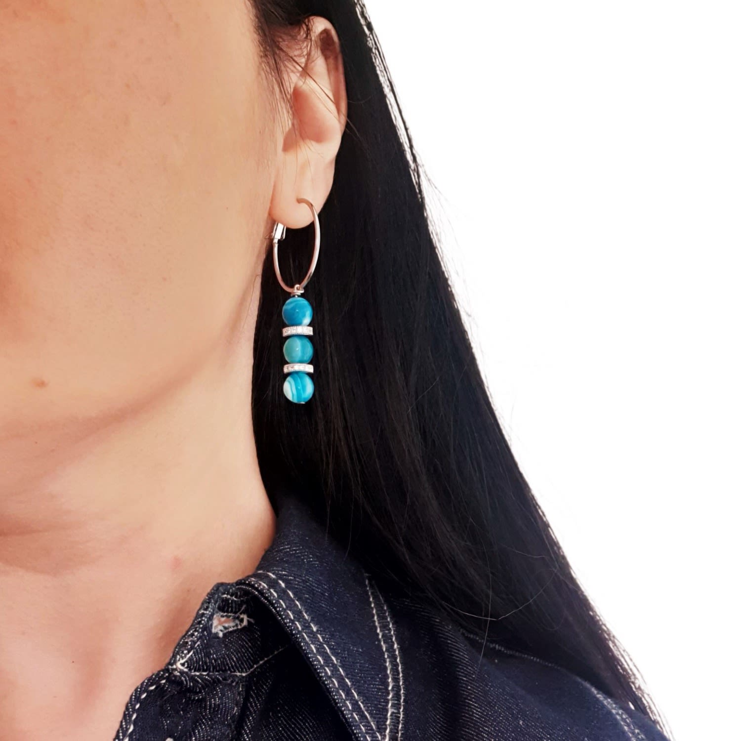 Blue Agate On Silver Hoop Earrings
