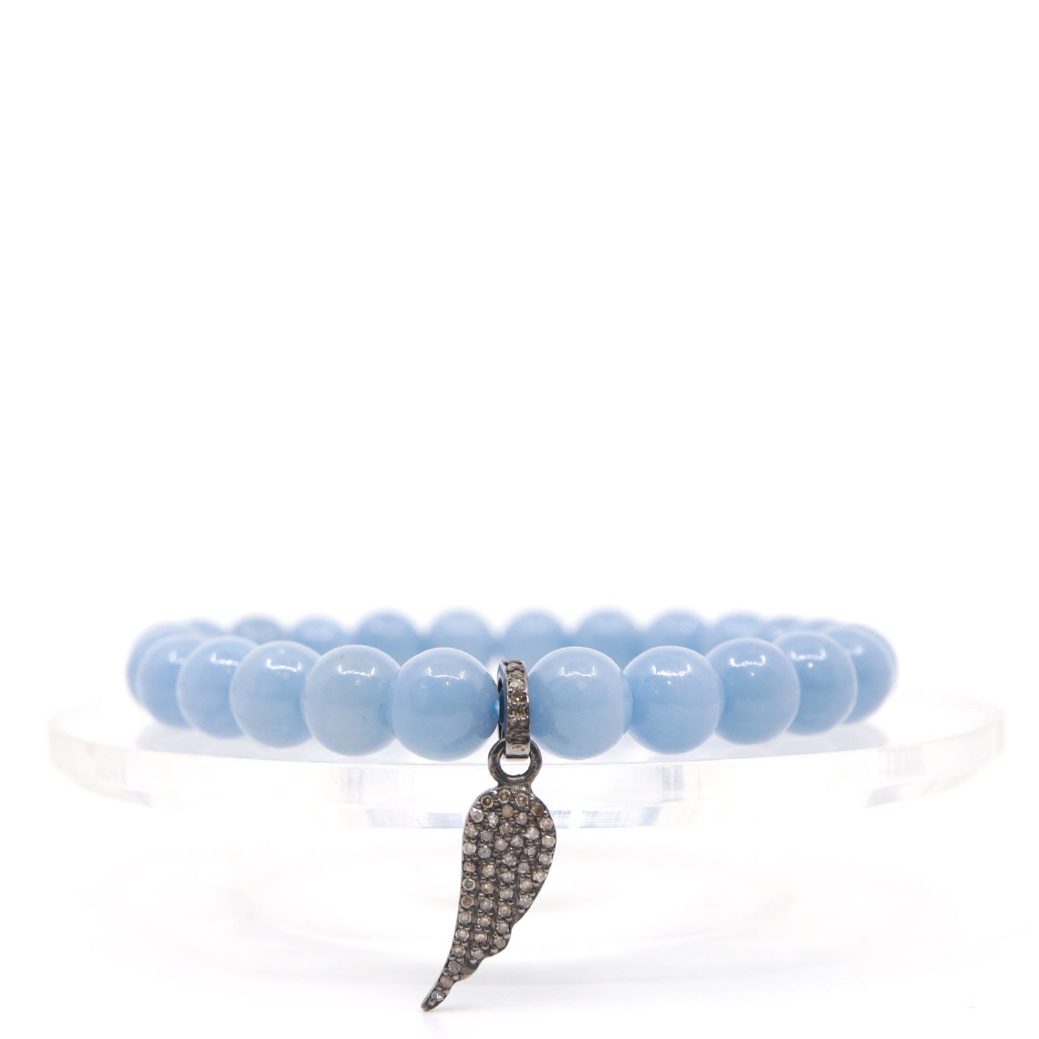 Blue Angelite & Angel Wing Diamond Charm Beaded Bracelet