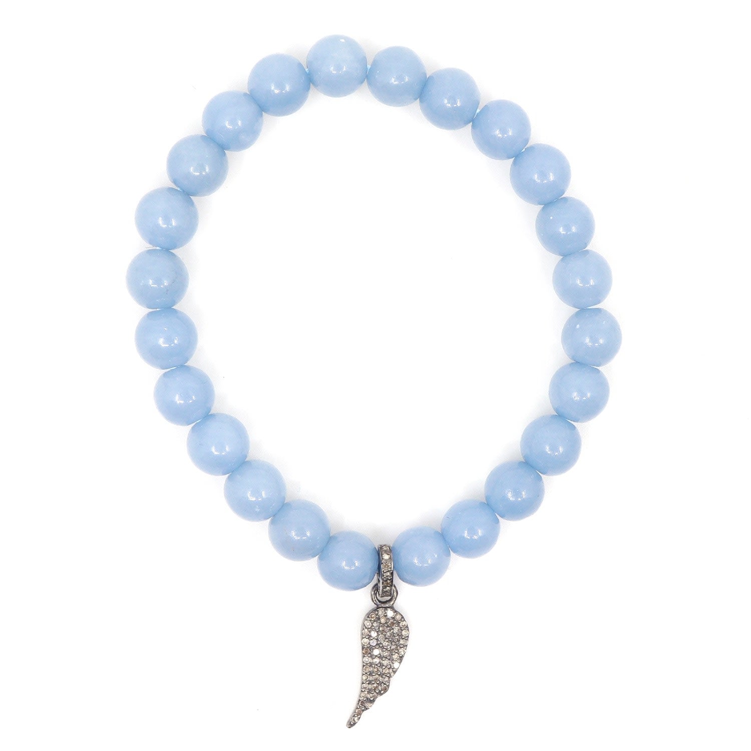 Blue Angelite & Angel Wing Diamond Charm Beaded Bracelet