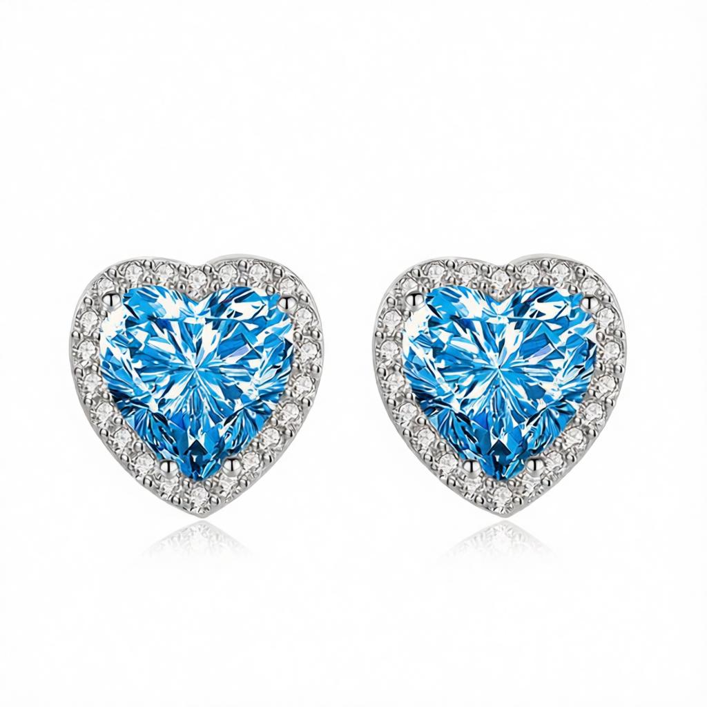 Blue Crystal & Cubic Zirconia Silvertone Halo Heart Stud Earrings