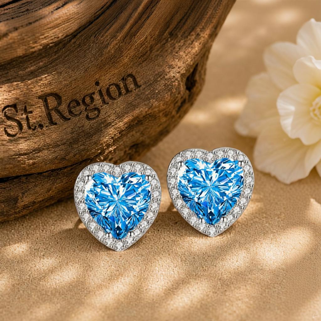 Blue Crystal & Cubic Zirconia Silvertone Halo Heart Stud Earrings
