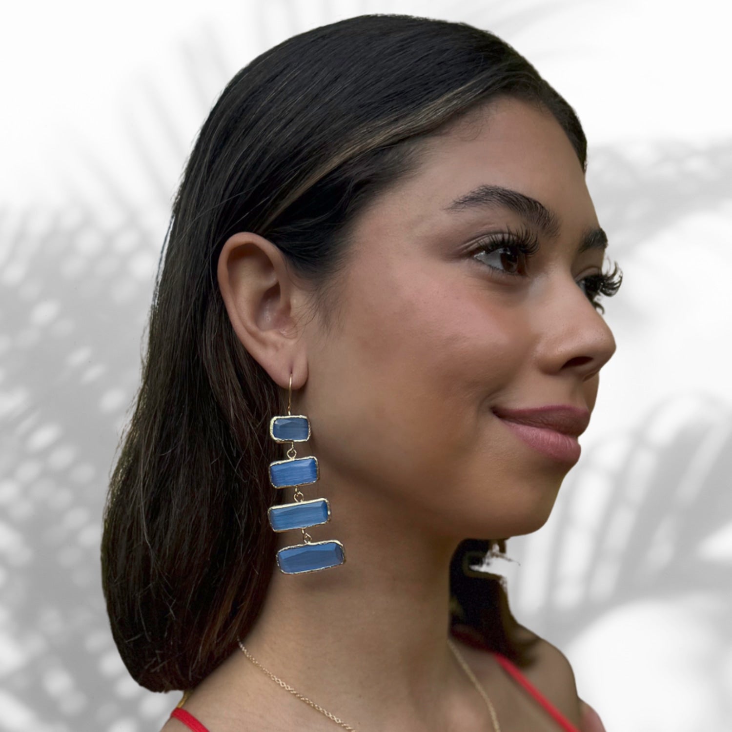 Blue Dangle Cat Eye Stone Gold Earring - Blue