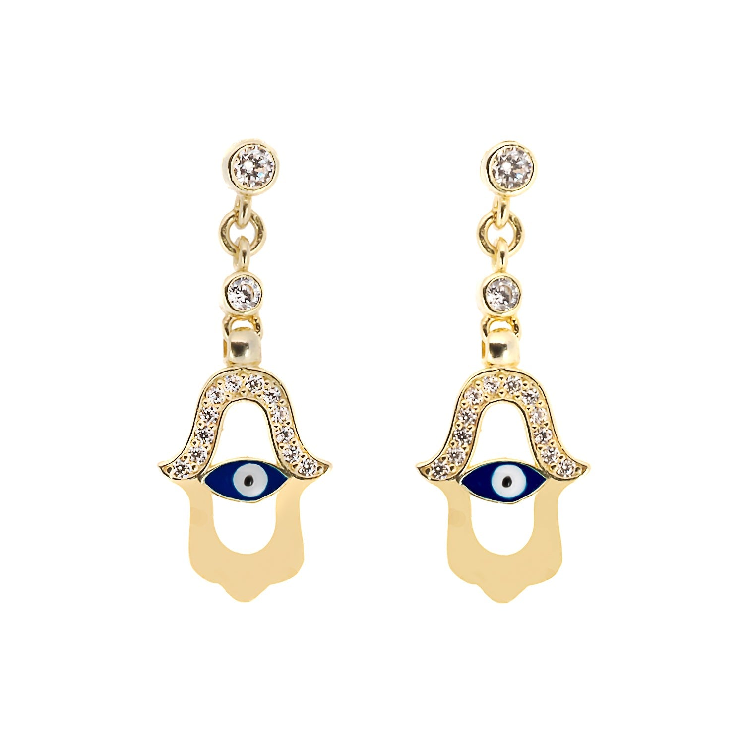 Blue Enamel Evil Eye Gold Plated Hamsa Earrings - Blue