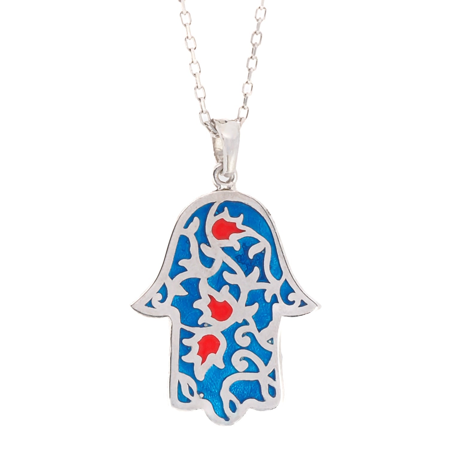 Sterling Silver Blue & Red Enamel Hamsa Hand Necklace - Blue
