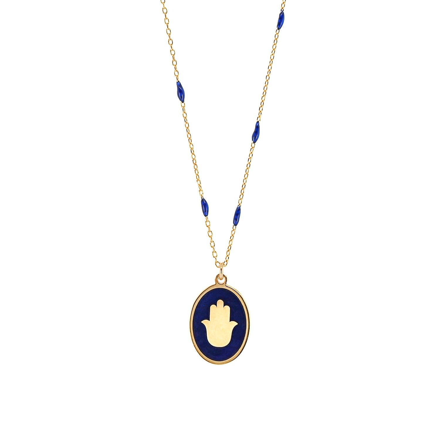 Positive Energy Hamsa Gold & Blue Chain Necklace