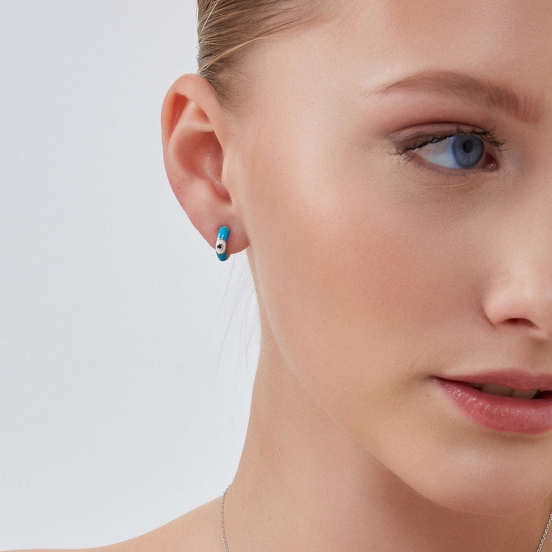 Turquoise Enamelled Jewelled Eye Sterling Silver Huggie Hoop Earring