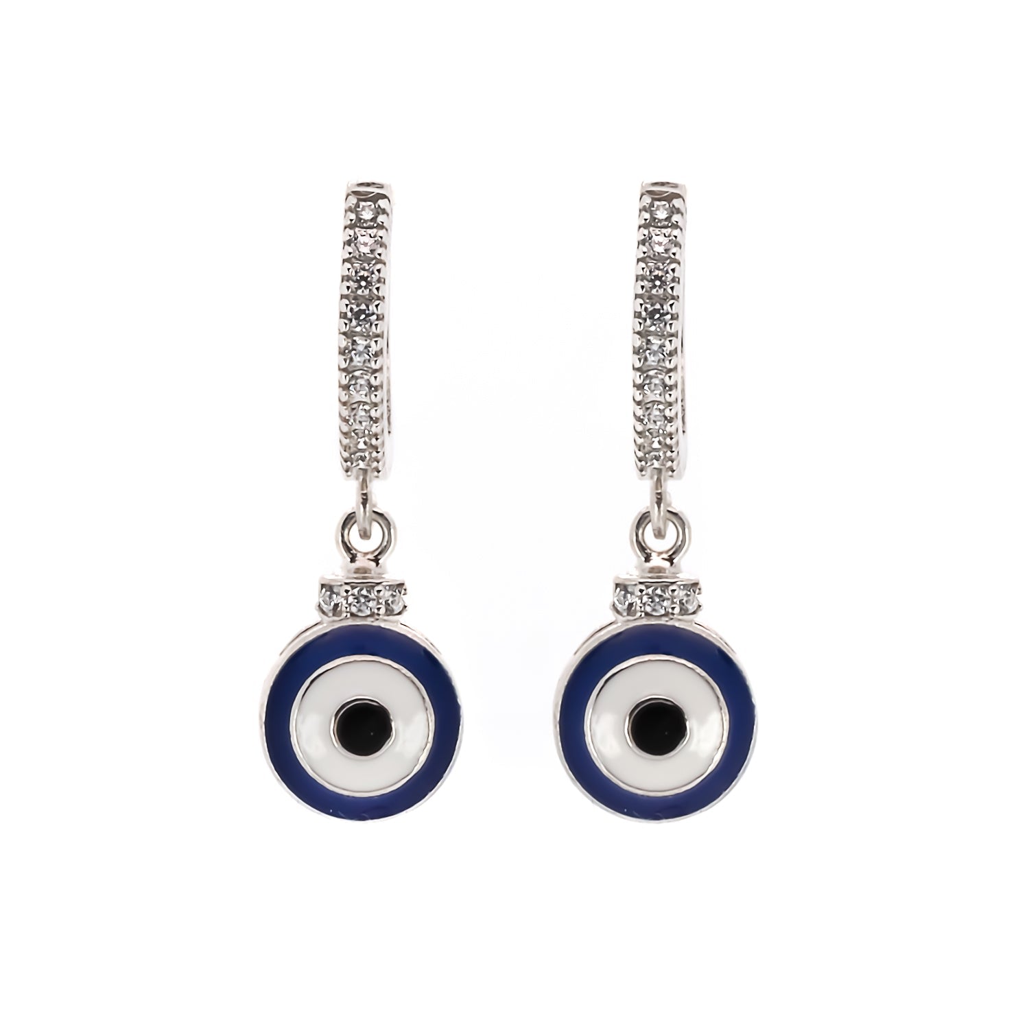 Blue Enamel Sterling Silver Diamond Hoop Evil Eye Earrings - Silver