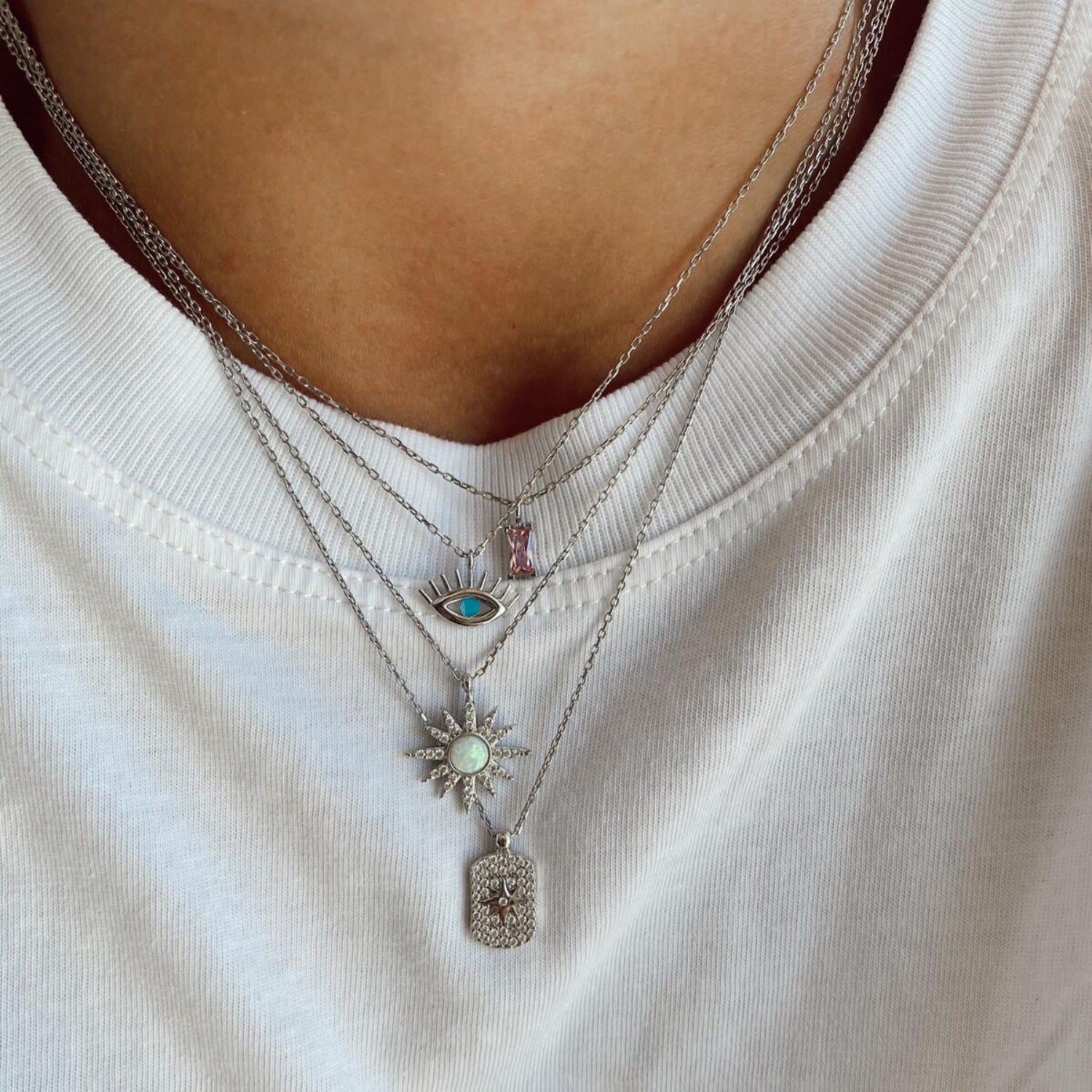 Blue Eye Evil Eye Sterling Silver Necklace - Silver