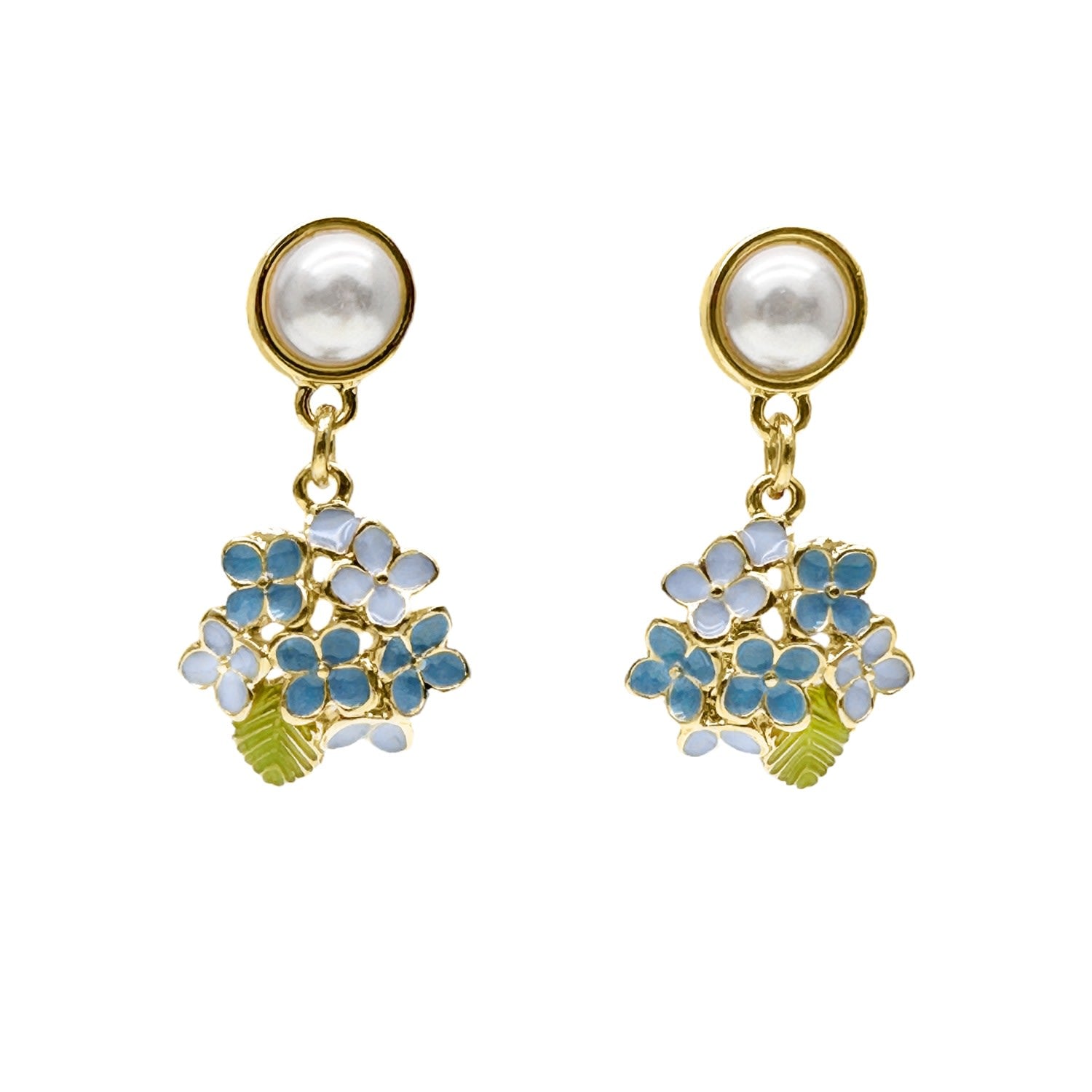 Blue Flower Dangle With Pearls Stud Earrings
