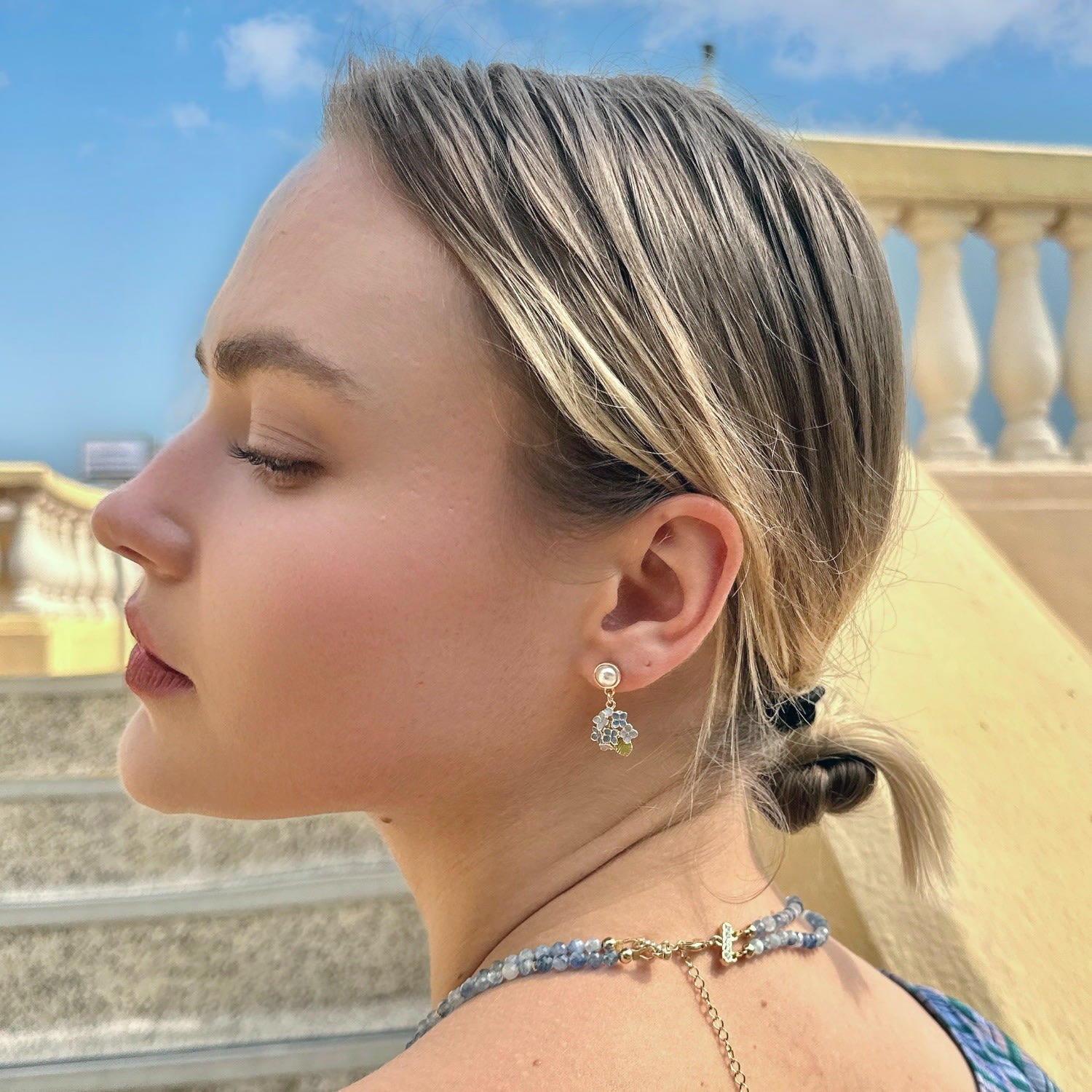 Blue Flower Dangle With Pearls Stud Earrings