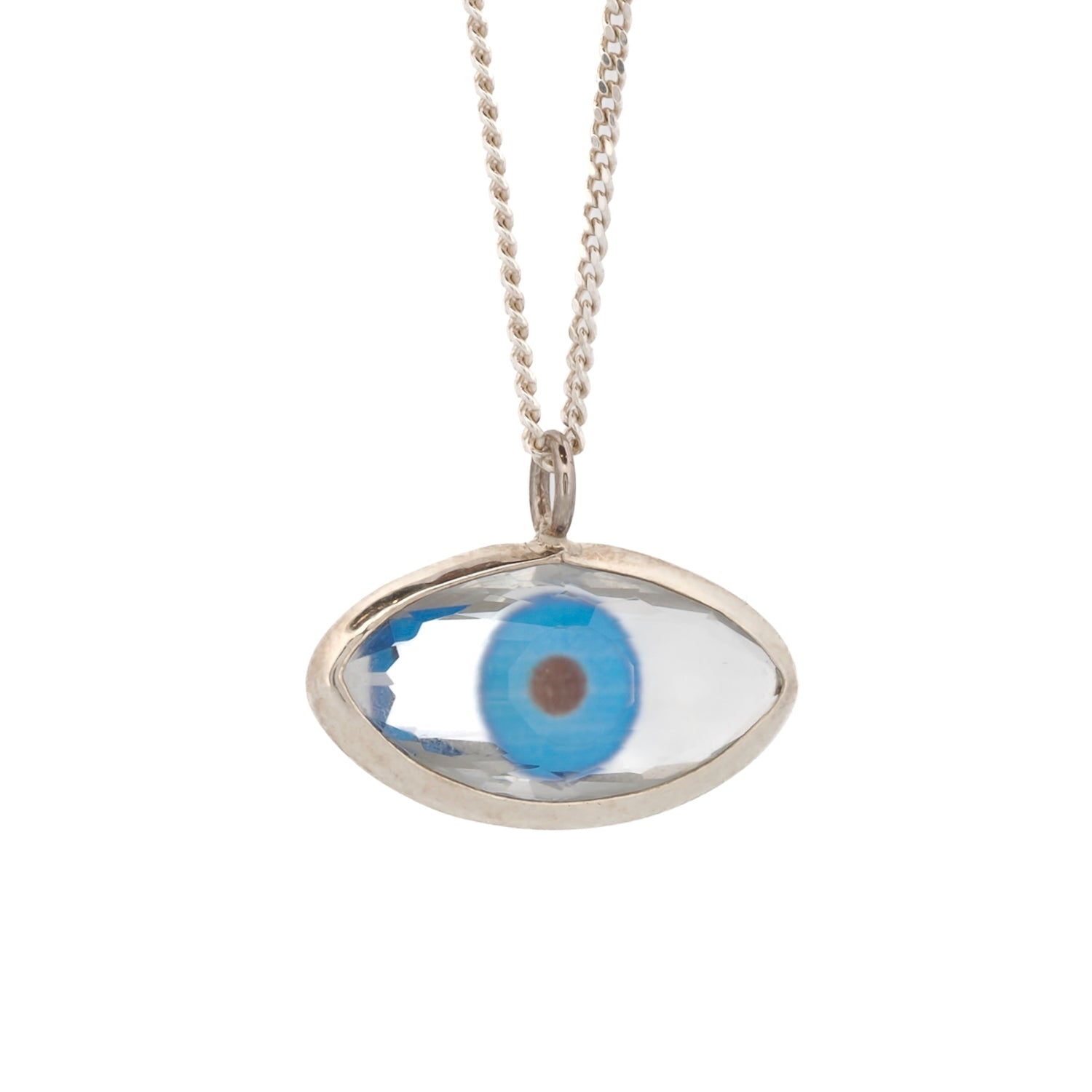 Protective Blue Evil Eye Glass Pendant Sterling Silver Necklace - Blue