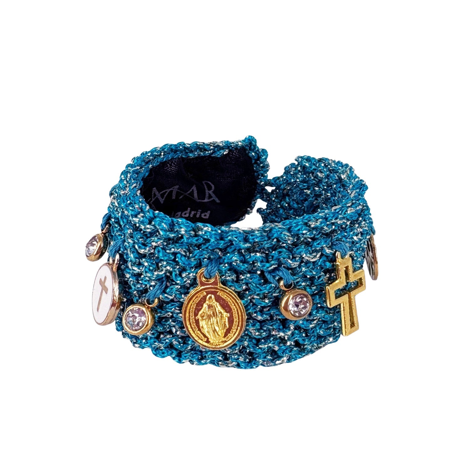 Turquoise Blue & Gold Bracelet - Handknitted - With Charms