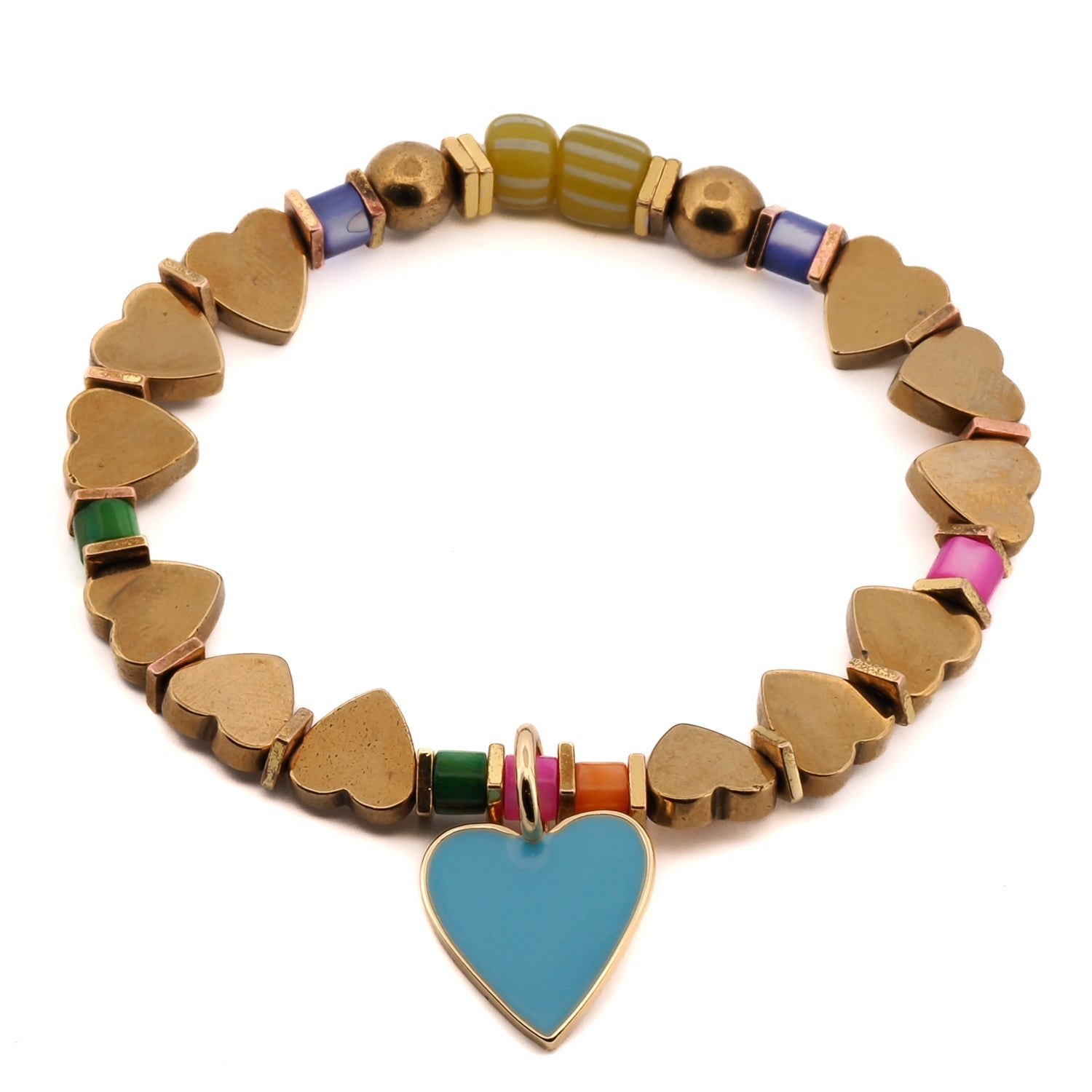 Blue Heart Charm Gold Beaded Bracelet - Blue -