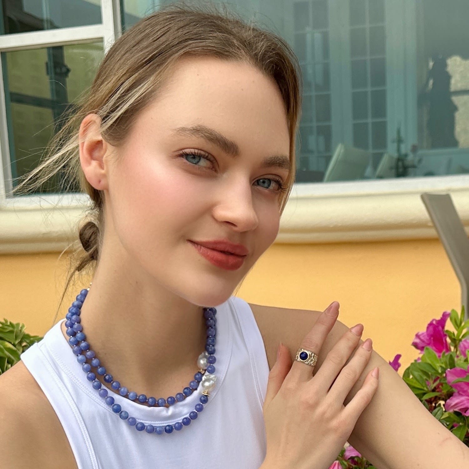 Blue Jade With Baroque Pearls Double Layers Necklace