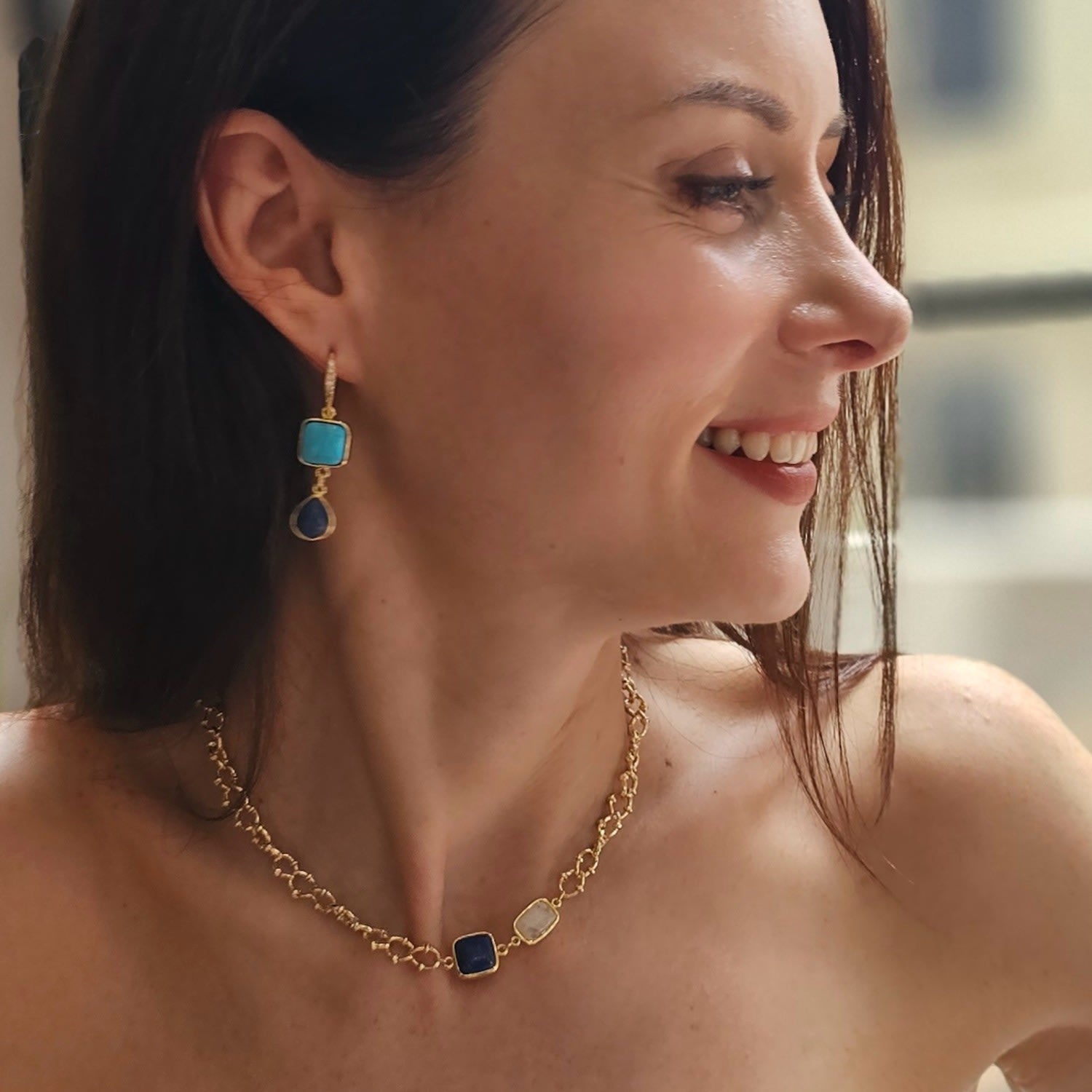 Blue Lapis And White Moonstone With Chain Modern Necklace