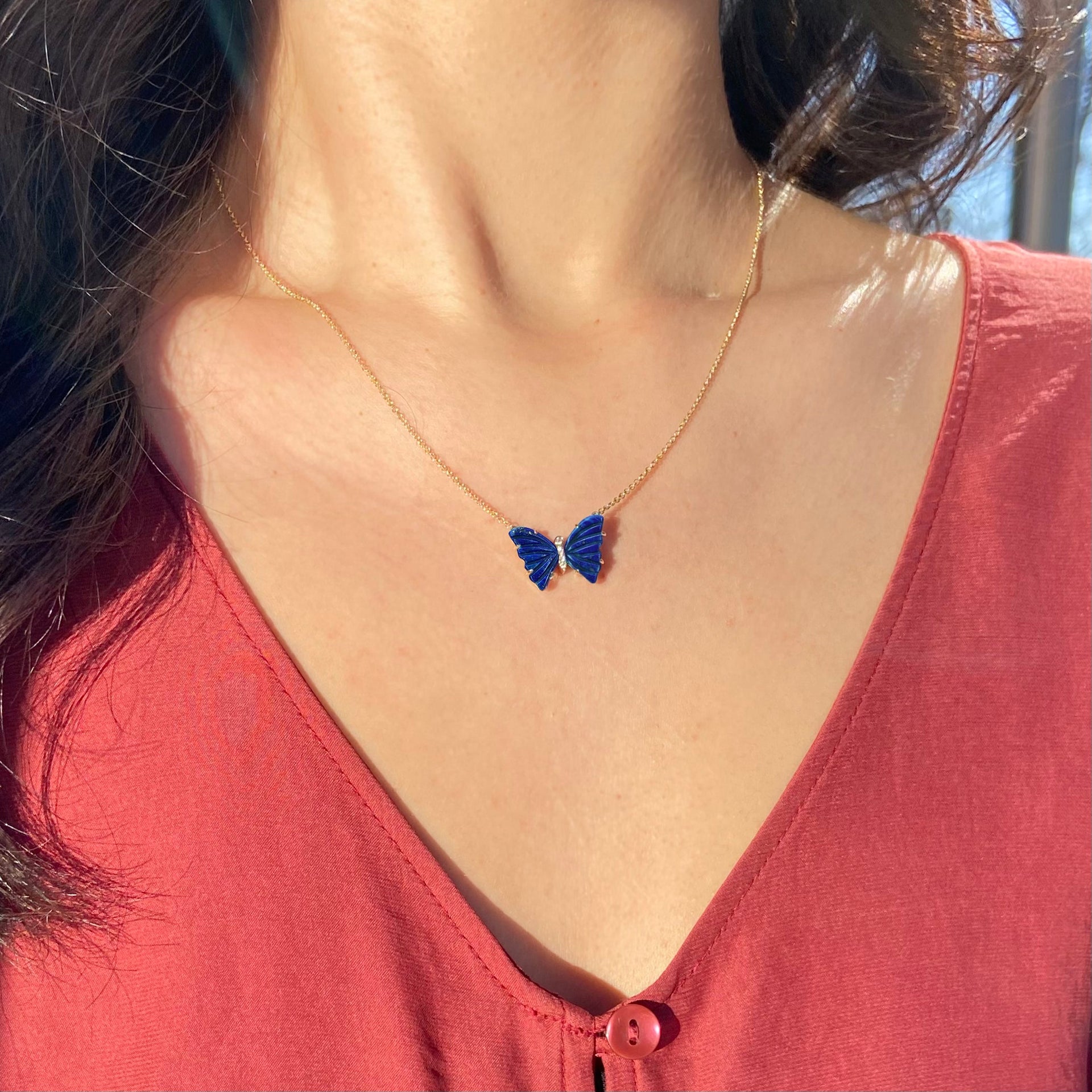 Blue Lapis Butterfly Necklace With Diamonds & Prongs