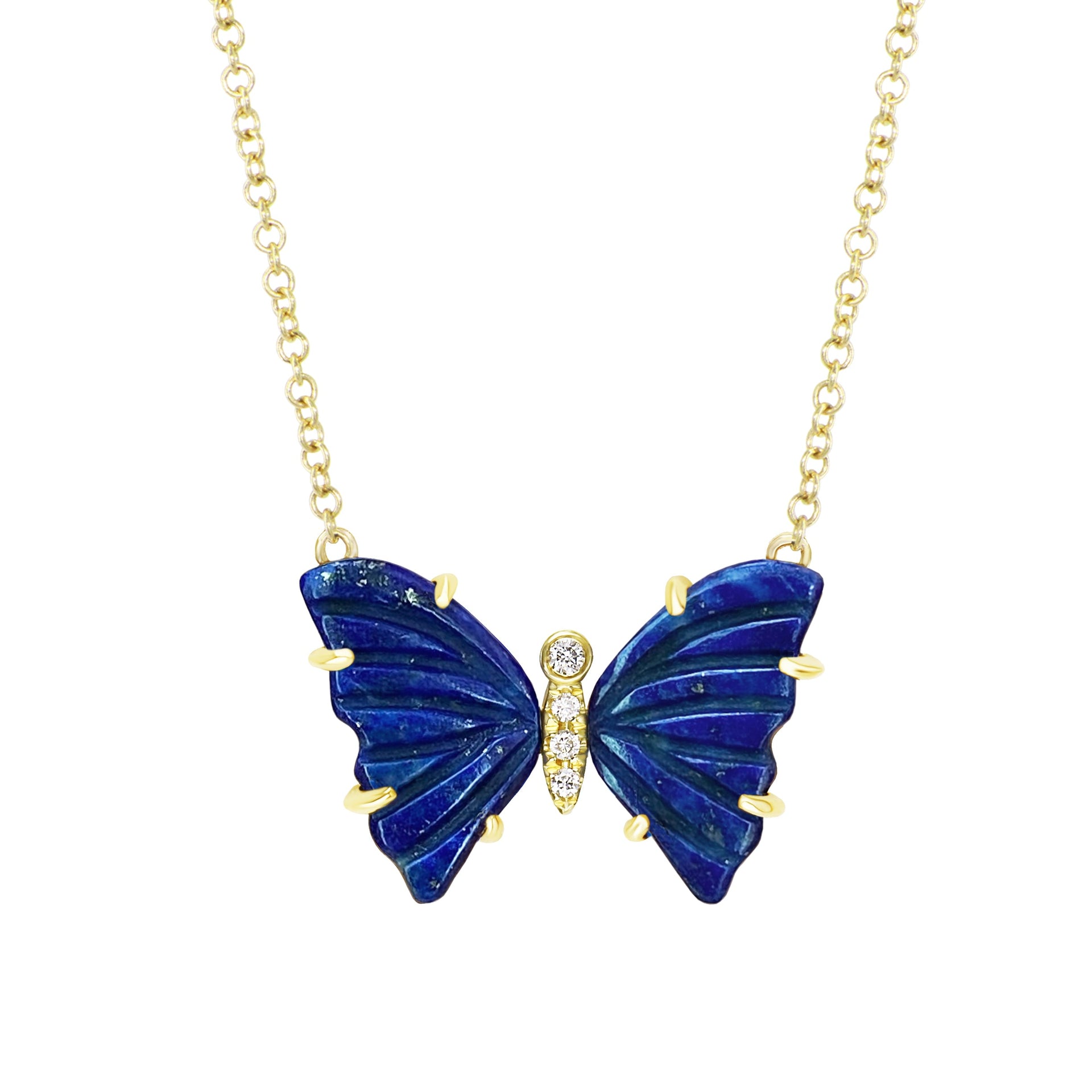 Blue Lapis Butterfly Necklace With Diamonds & Prongs