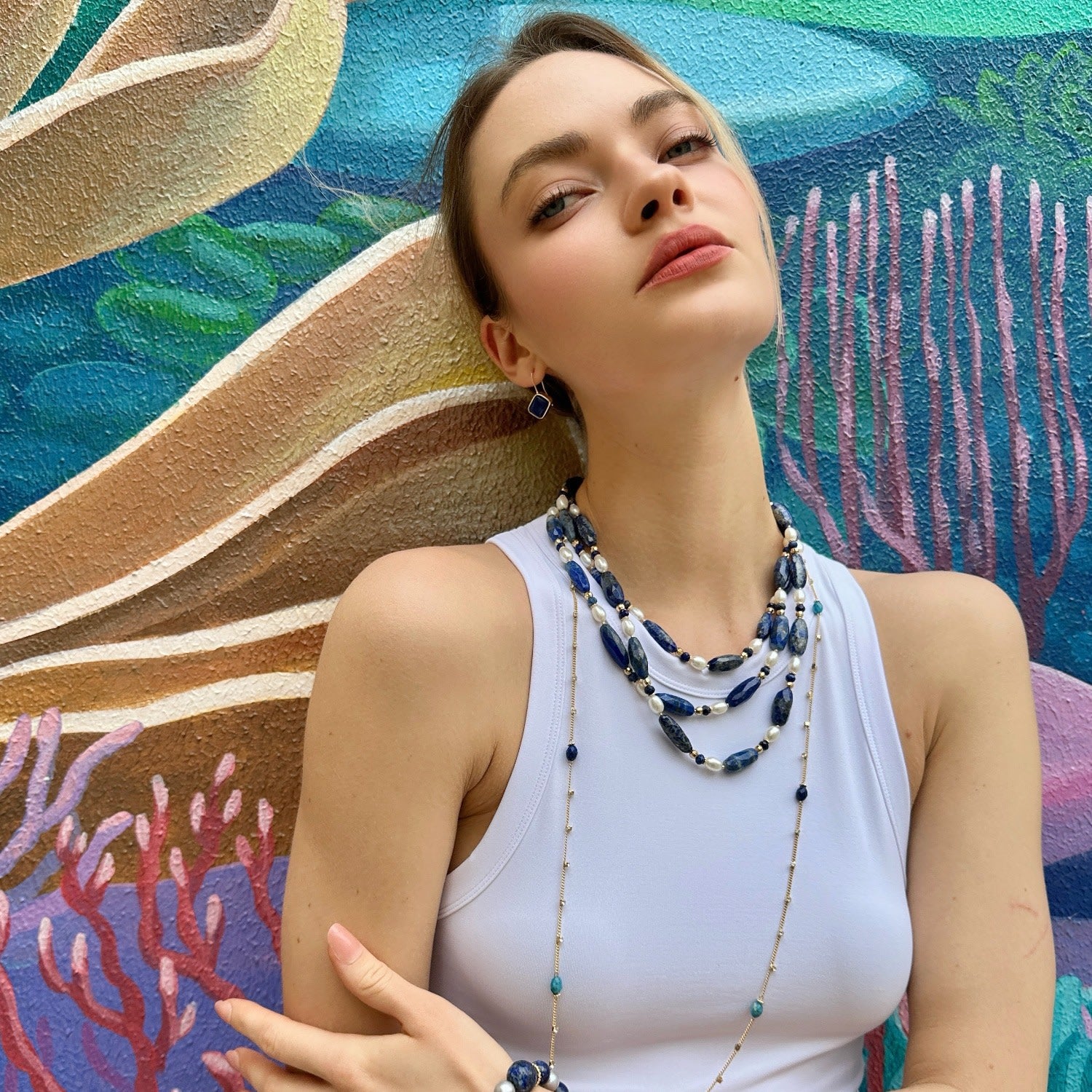 Blue Lapis With Freshwater Pearls Multi-Layers Necklace