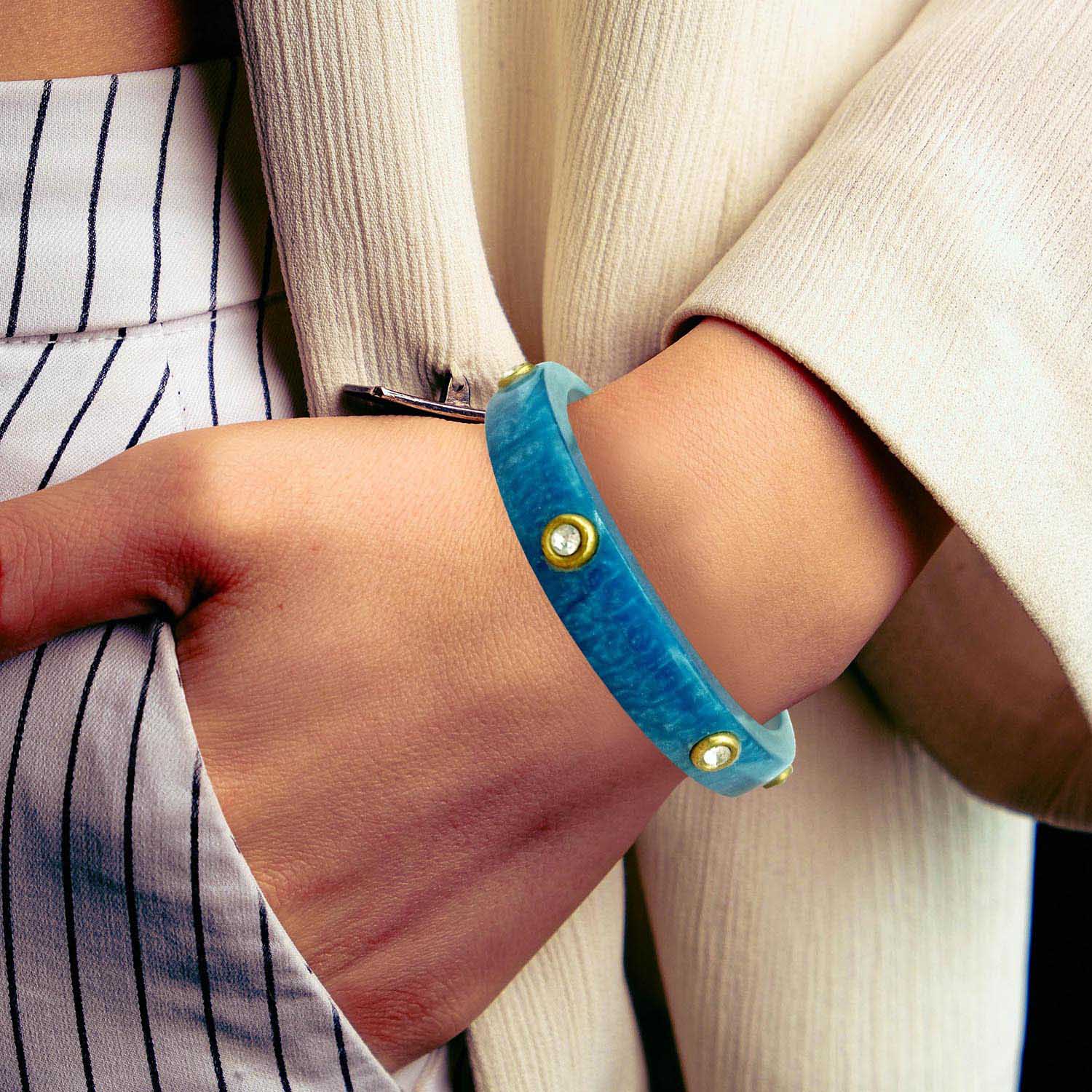 Blue Marbled Resin Bangle With Crystal Stones