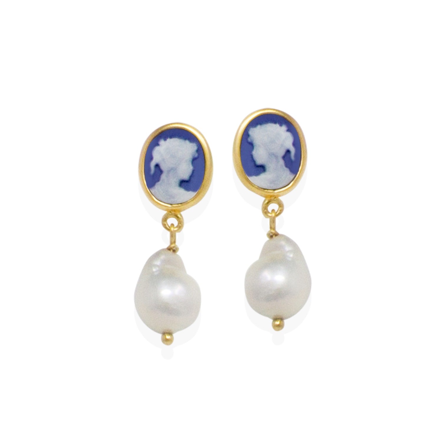 Blue Mini Cameo & Pearls Stud Earrings