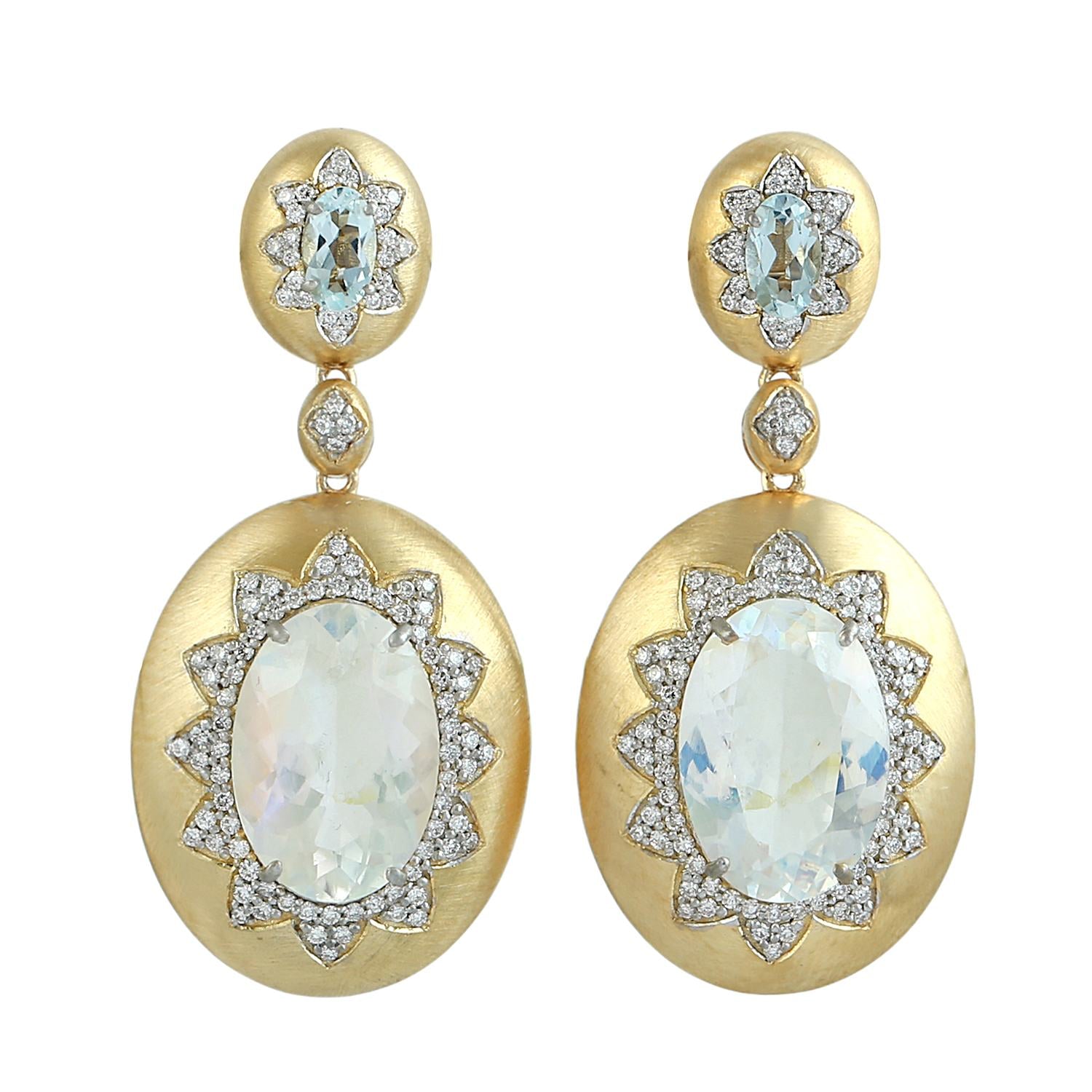 Blue Moonstone & Aquamarine Pave Diamond Dangle Earrings In Yellow Gold