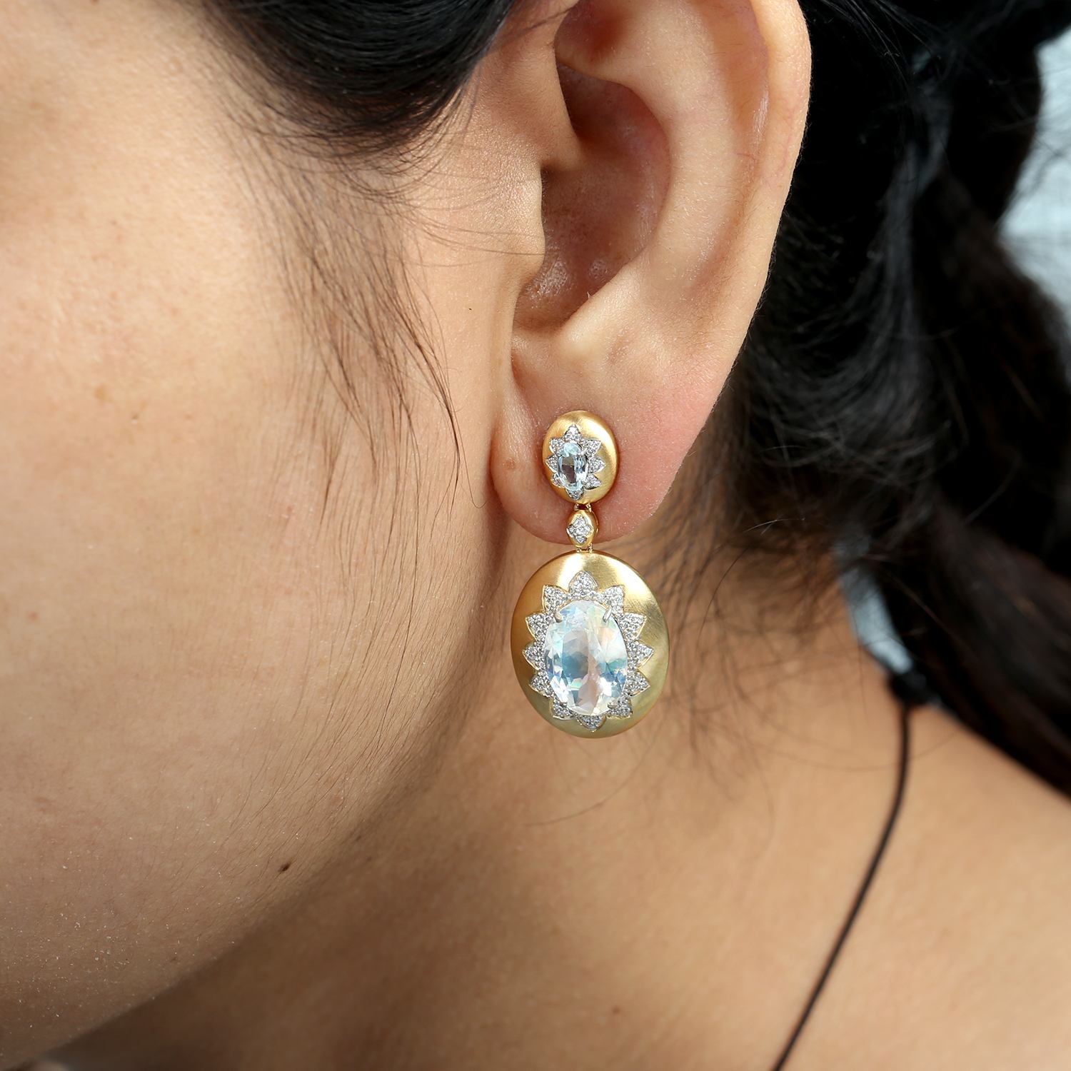 Blue Moonstone & Aquamarine Pave Diamond Dangle Earrings In Yellow Gold