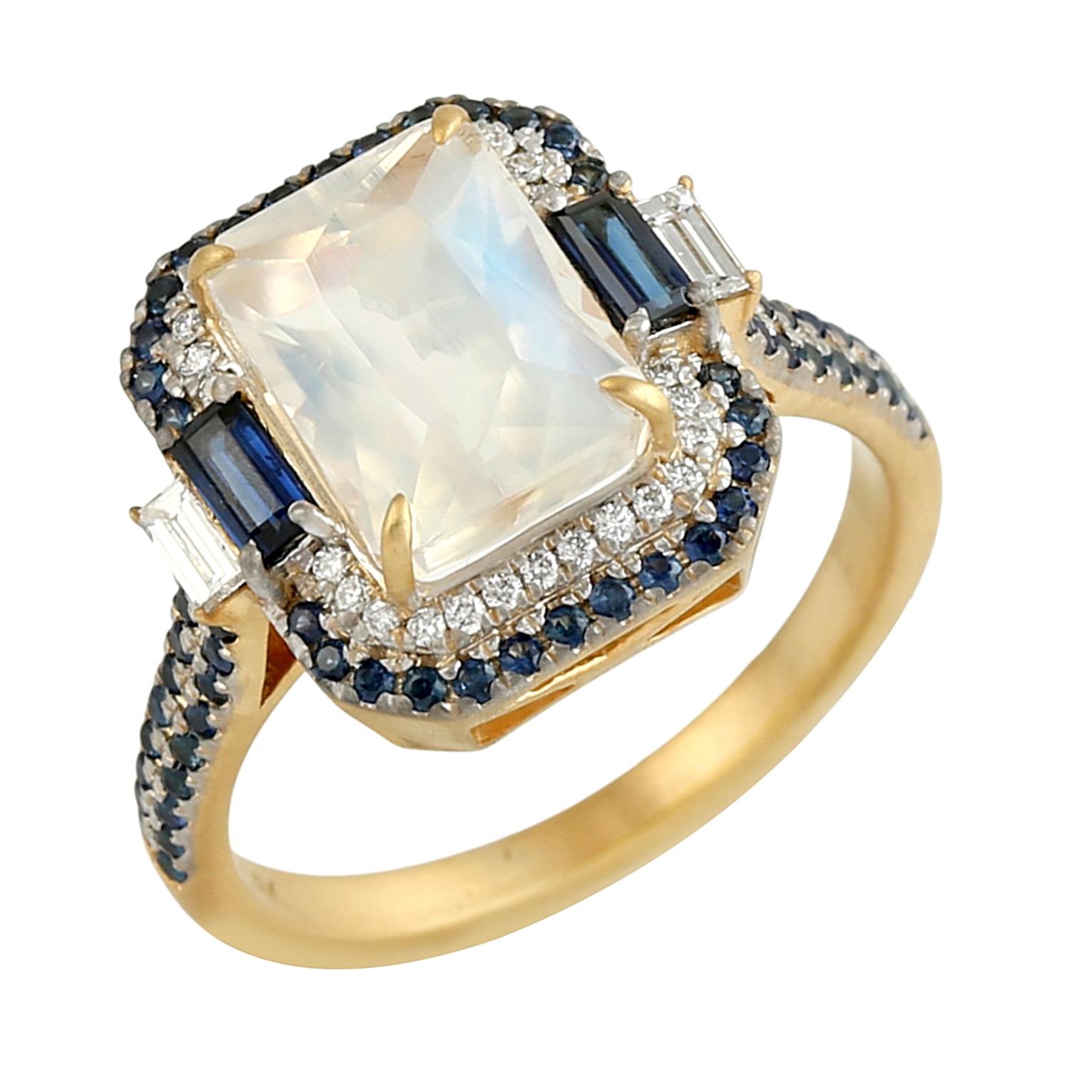 Blue Moonstone & Blue Sapphire Pave Diamond Cocktail Ring In Gold