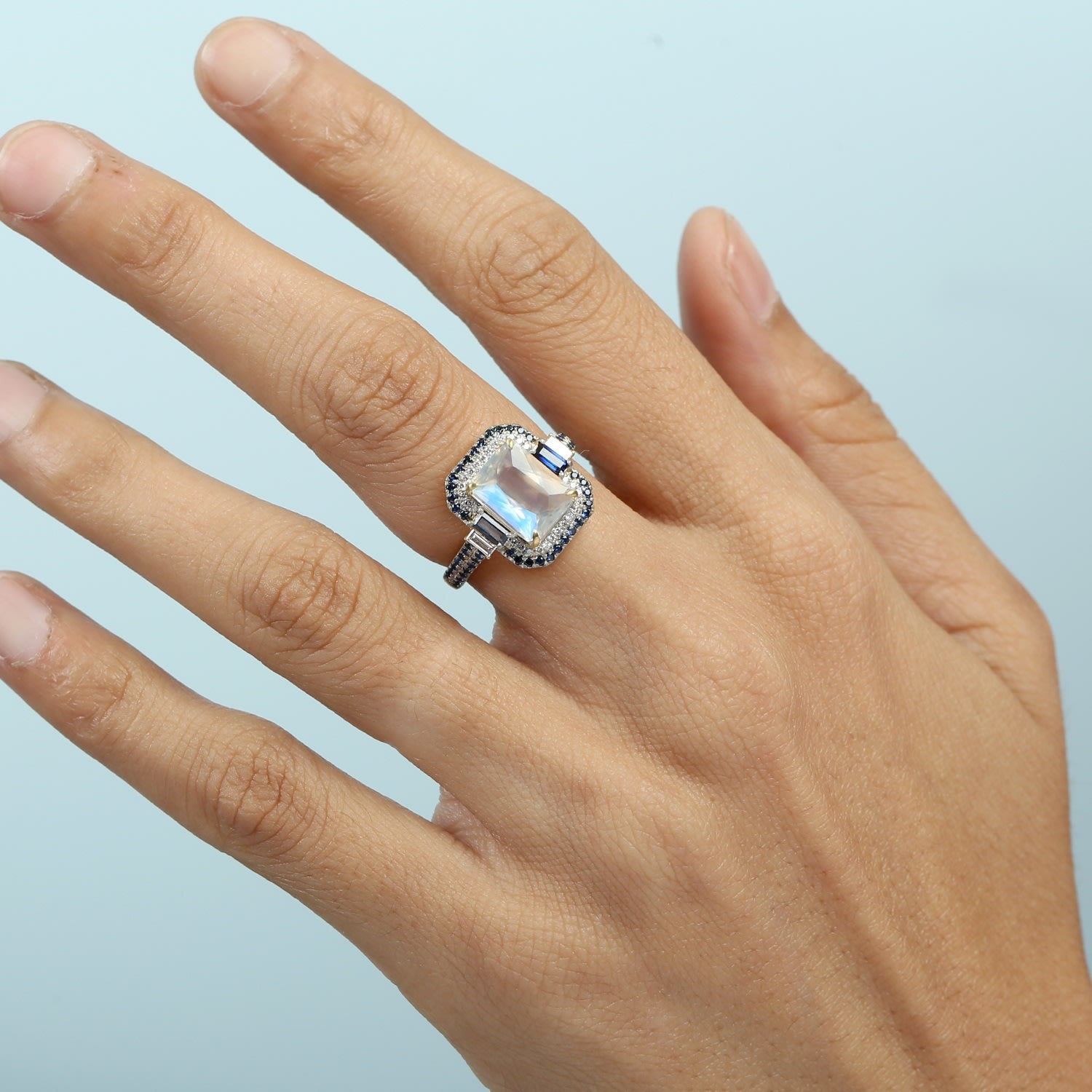 Blue Moonstone & Blue Sapphire Pave Diamond Cocktail Ring In Gold