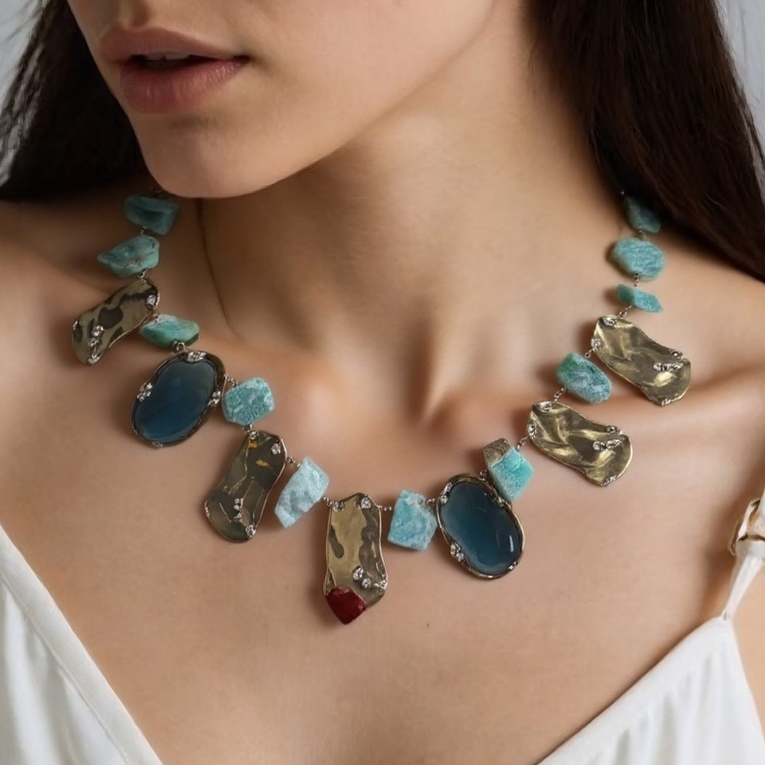 Chunky Amazonite Sculptural Petals Statement Necklace