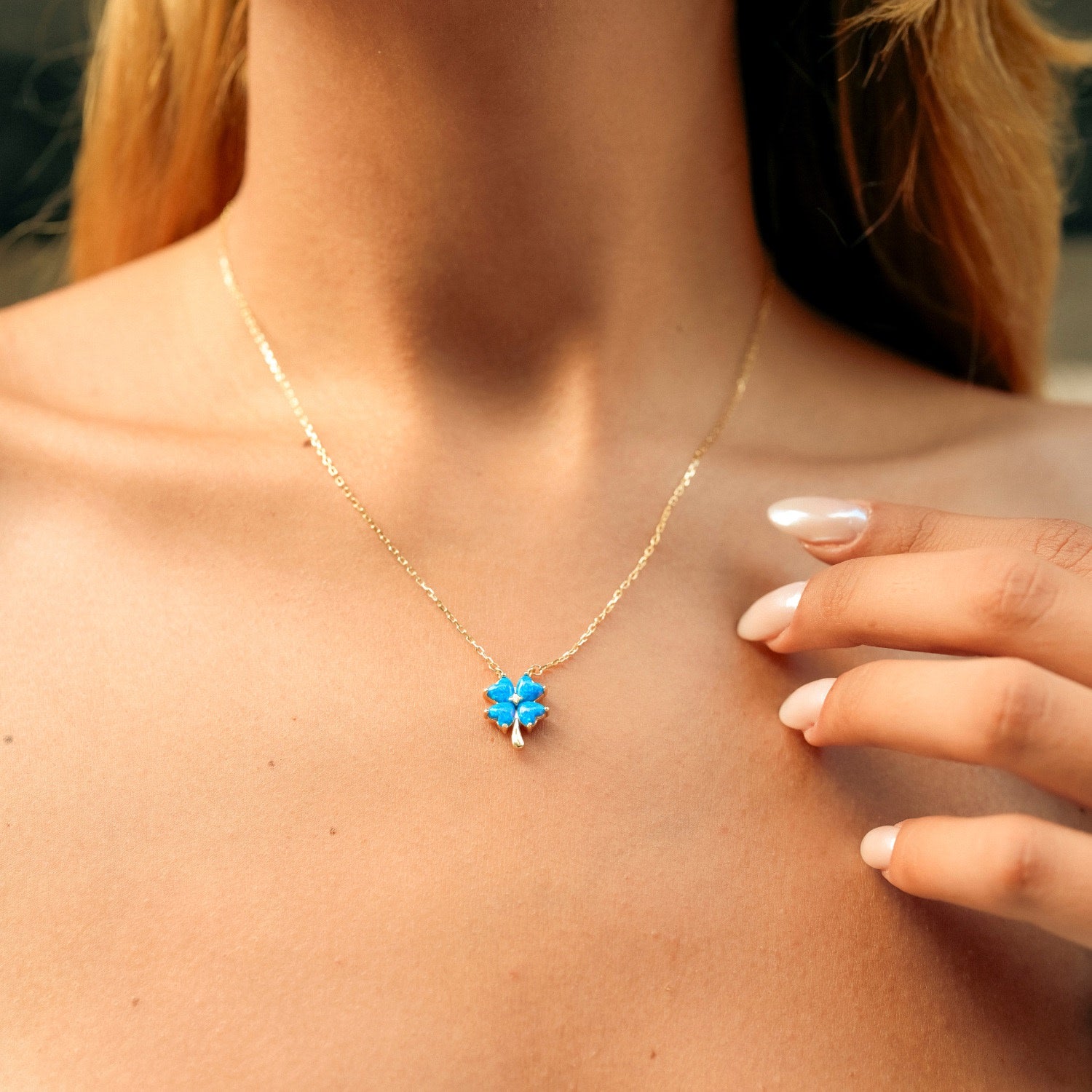 Blue Opal Four Leaf Clover Sterling Silver Necklace - Gold