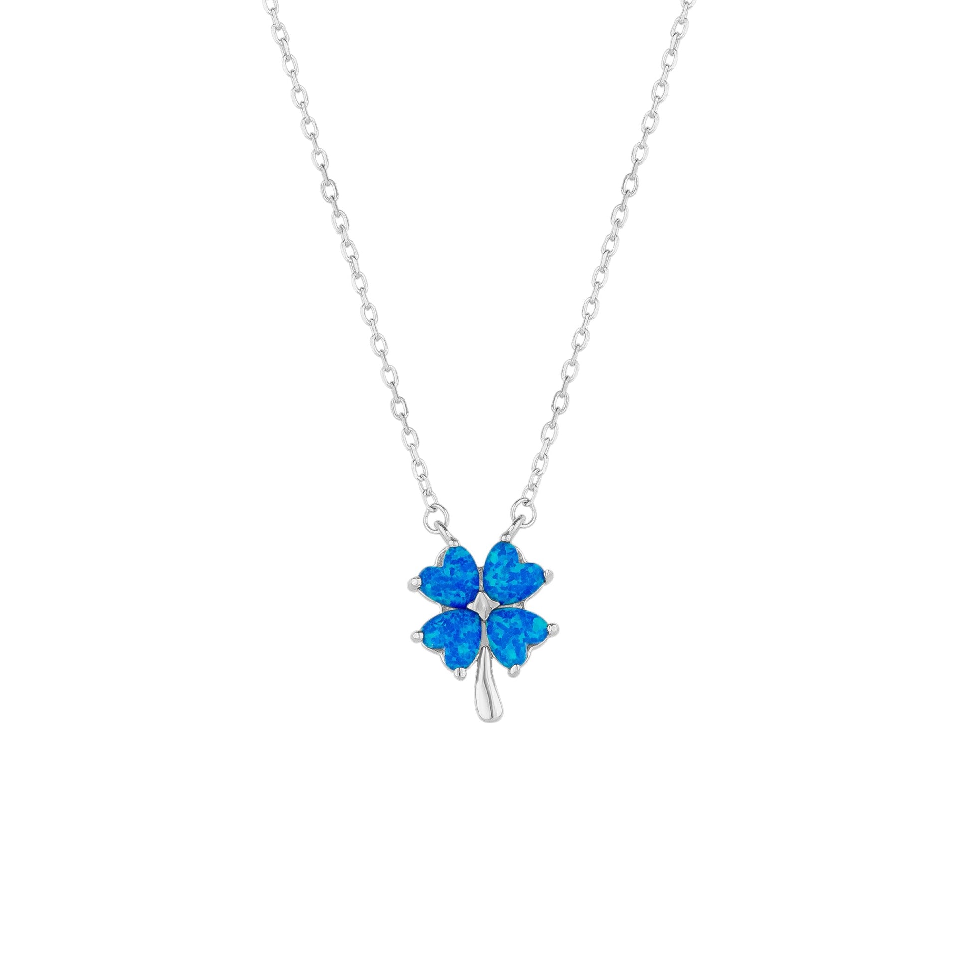 Blue Opal Four Leaf Clover Sterling Silver Necklace - Silver