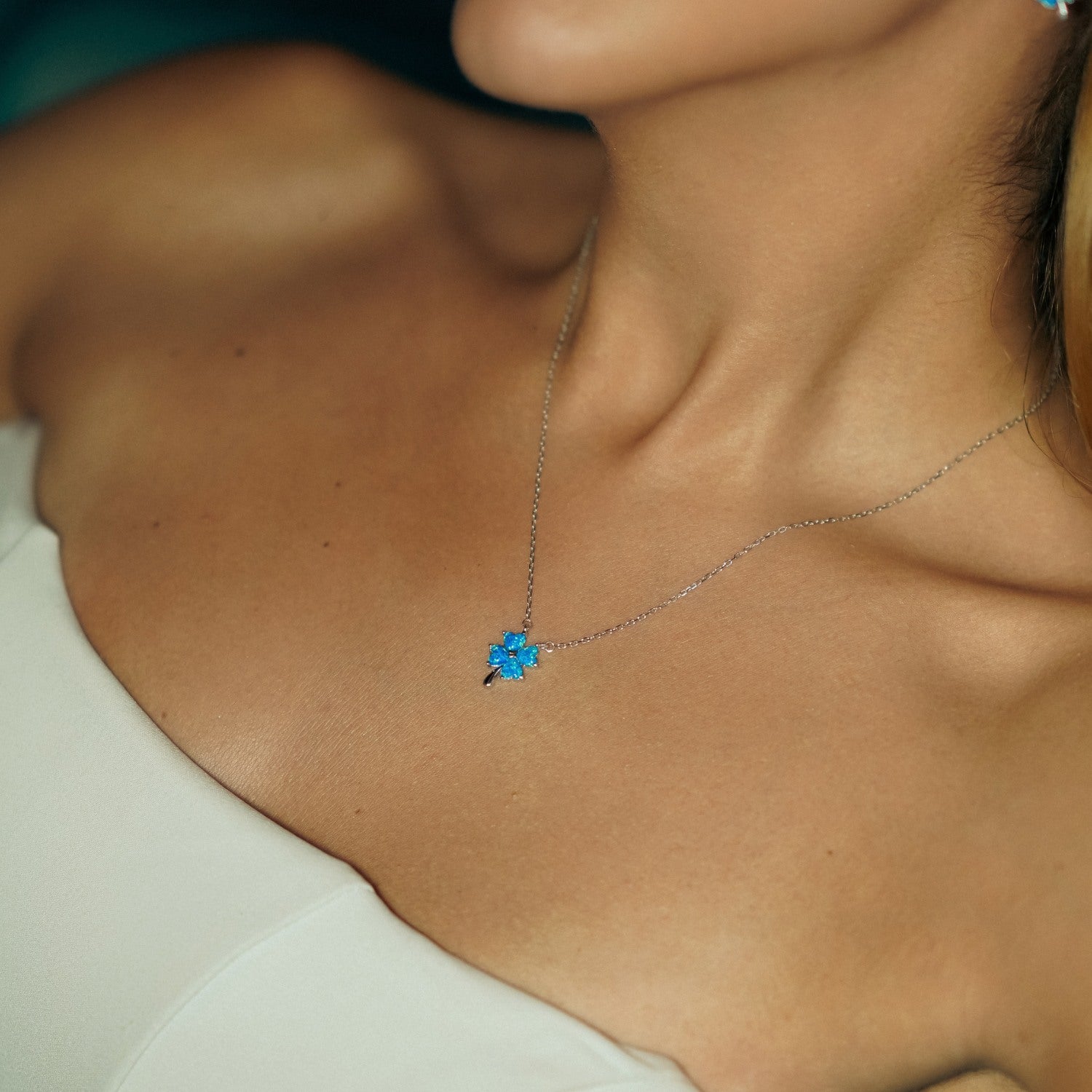 Blue Opal Four Leaf Clover Sterling Silver Necklace - Silver