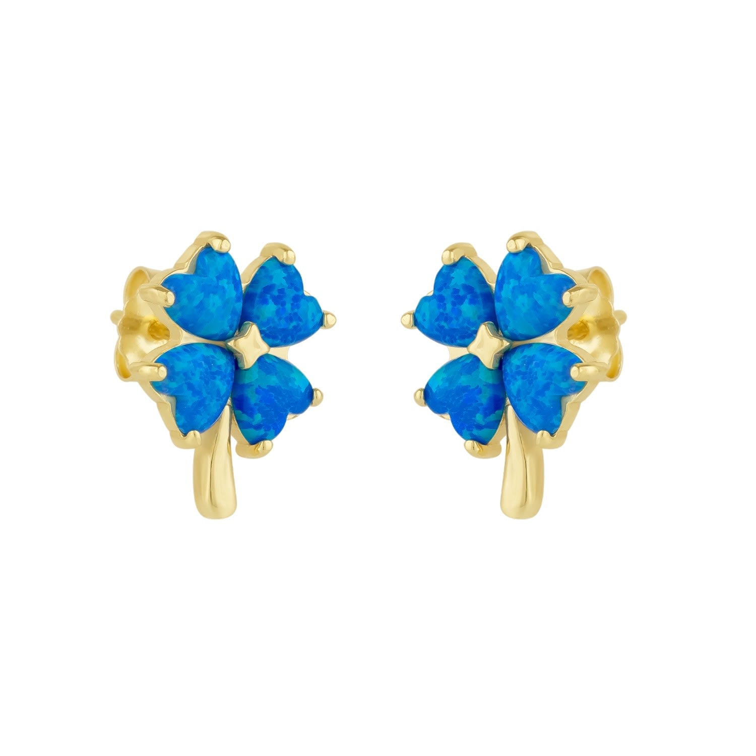 Blue Opal Four Leaves Clover Sterling Silver Stud Earring - Gold