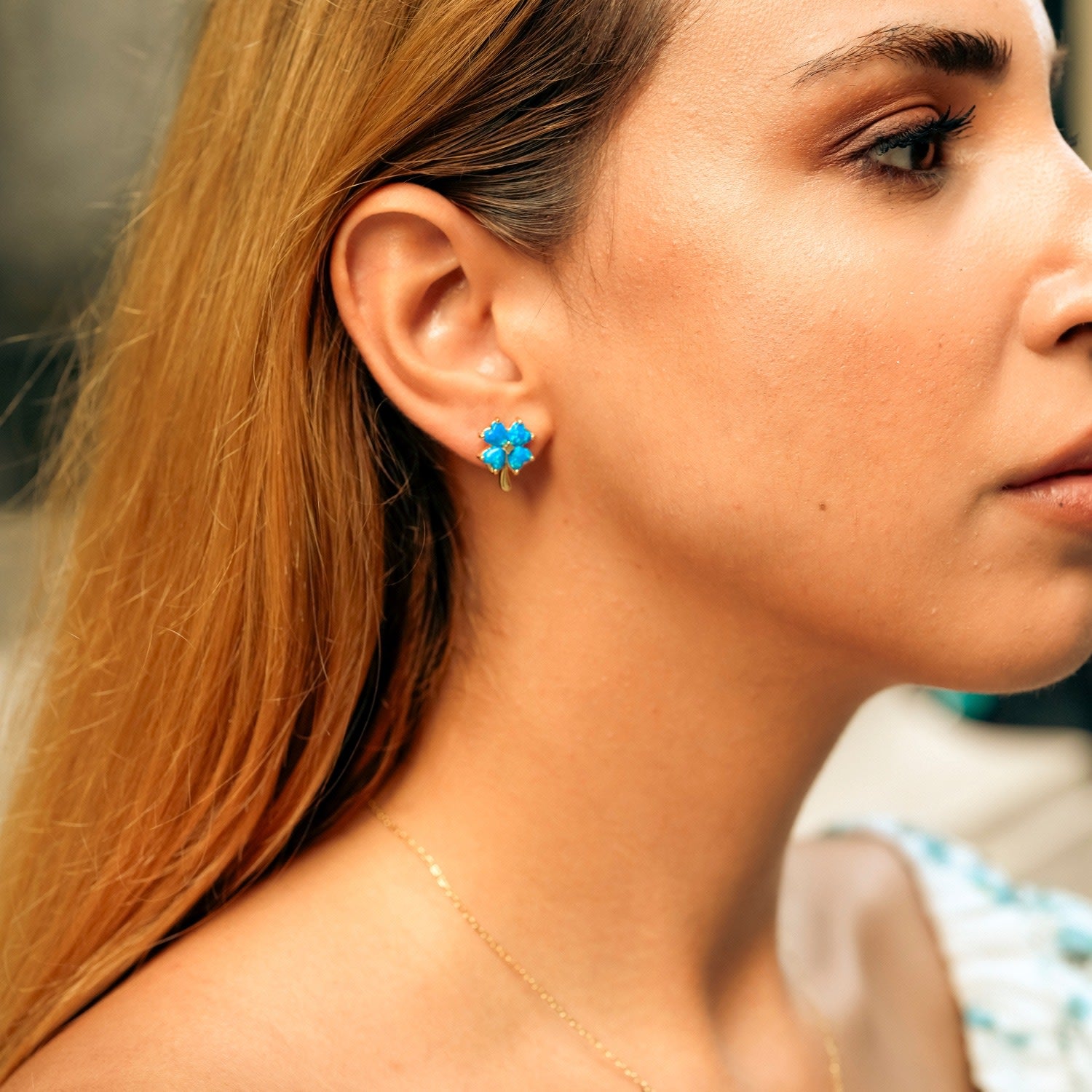 Blue Opal Four Leaves Clover Sterling Silver Stud Earring - Gold